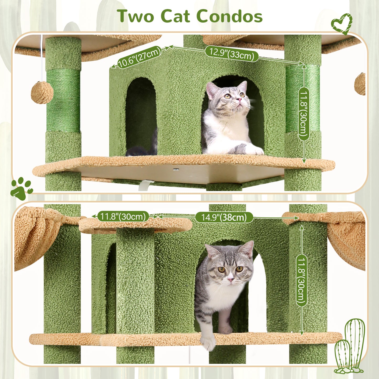 Globlazer Big Cactus Cat Tower for Indoor Cats, 80inch Cat Tower for Multiple Adult Cats XXL Cat Tree with Scratching Post, Hammock, 3 Perches, 2 Condos, 2 Hanging Basket, F80, Green