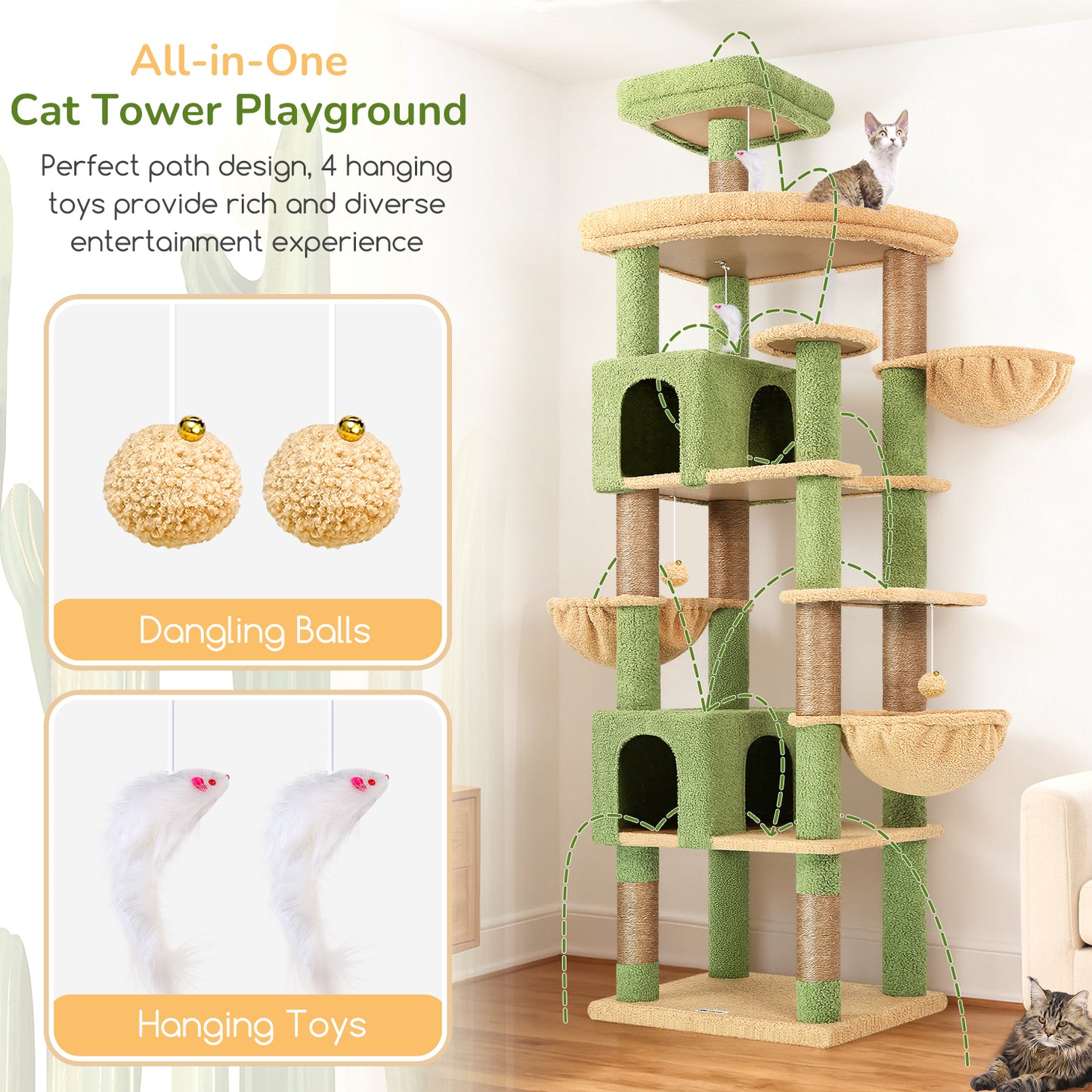 Globlazer Extra Large Cactus Cat Tree Tower, 82in Tall Heavy Duty Cat Tree for Indoor Cats Large Adult Big Cat Tower with 8 Scratching Posts, 2 Cat Condos, 2 Top Perches, 3 Hanging Baskets, S82, Green