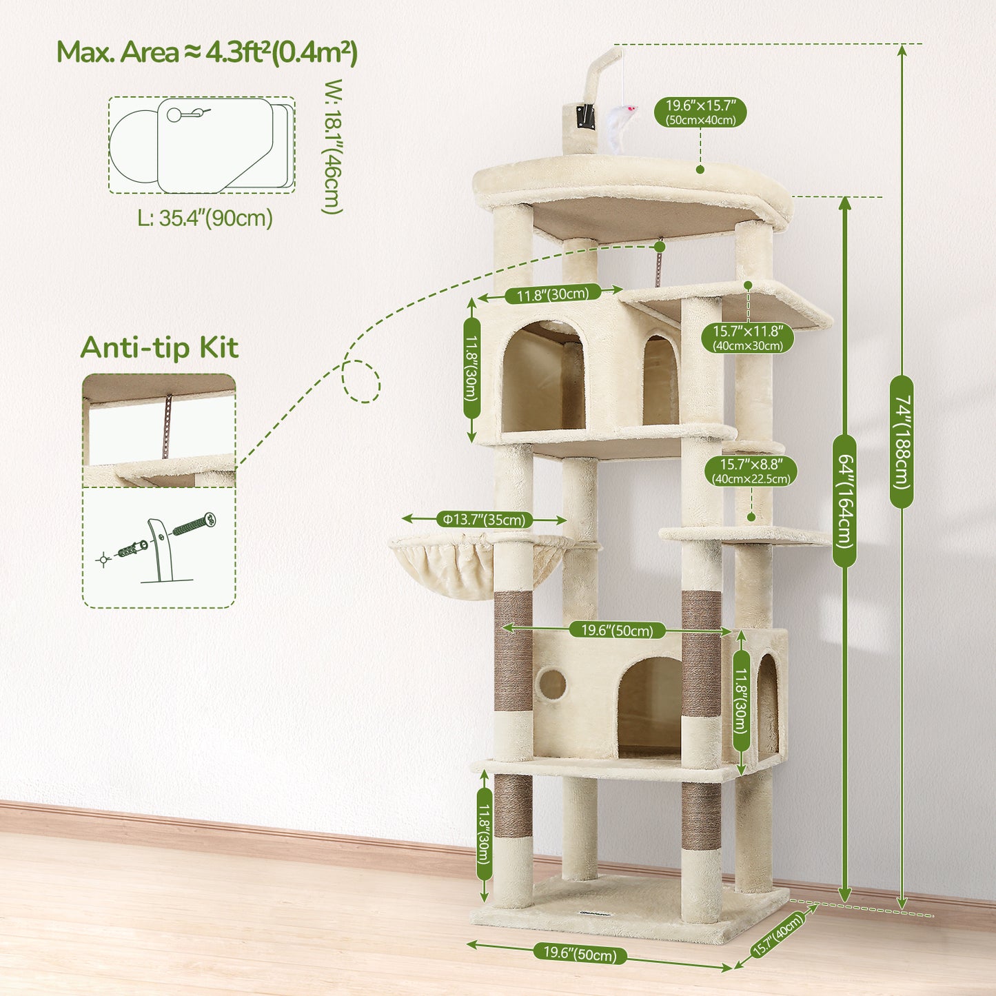 Globlazer Large Cat Tree Tower, Tall Cat Tree Condos for Indoor Cats Large Adult Cat Climbing Tower with 2 Spacious Caves, Oversized Top Perch, Big Hanging Basket, Cat Teaser Wand, F74B, Beige