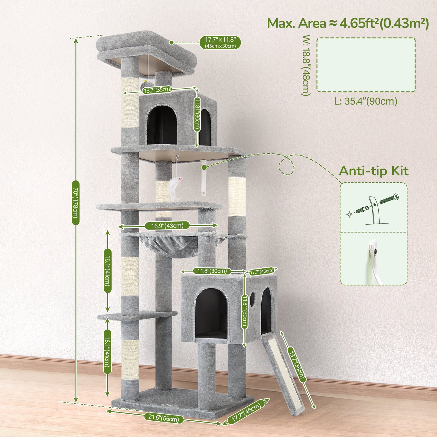 Globlazer Heavy Duty Cat Tree, 70 inch Sturdy Cat Tree for Indoor Cats Extra Large Cat Tower with Scratching Post, Hammock, Cat Condo for Adult Cats Kittens, F70 Pro, Light Grey