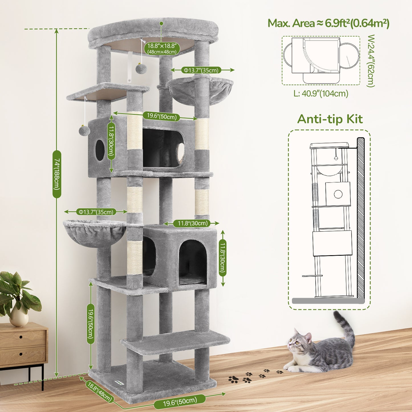 Globlazer Extra Large Cat Tree Tower for Indoor Cats, 74inch Tall Cat Tree Tower for Large Cats Adult with 5 Scratching Posts, 2 Spacious Condos, 2 Big Hanging Baskets, Enlarged Perch, S74, Light Grey