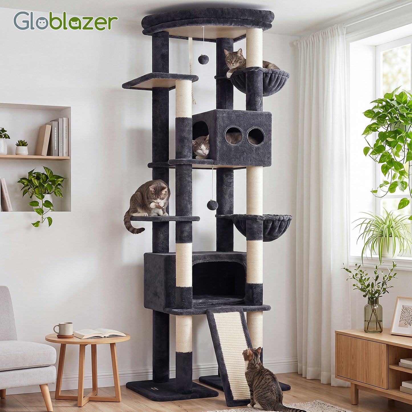 Globlazer Extra Tall Large Cat Tree, 84in Multi-Level Cat Climbing Tower for Indoor Cats Large Adult, Widened Condo with Scratch Board, 7 Scratching Posts, Padded Perch, Metal Basket, S84E, Dark Grey
