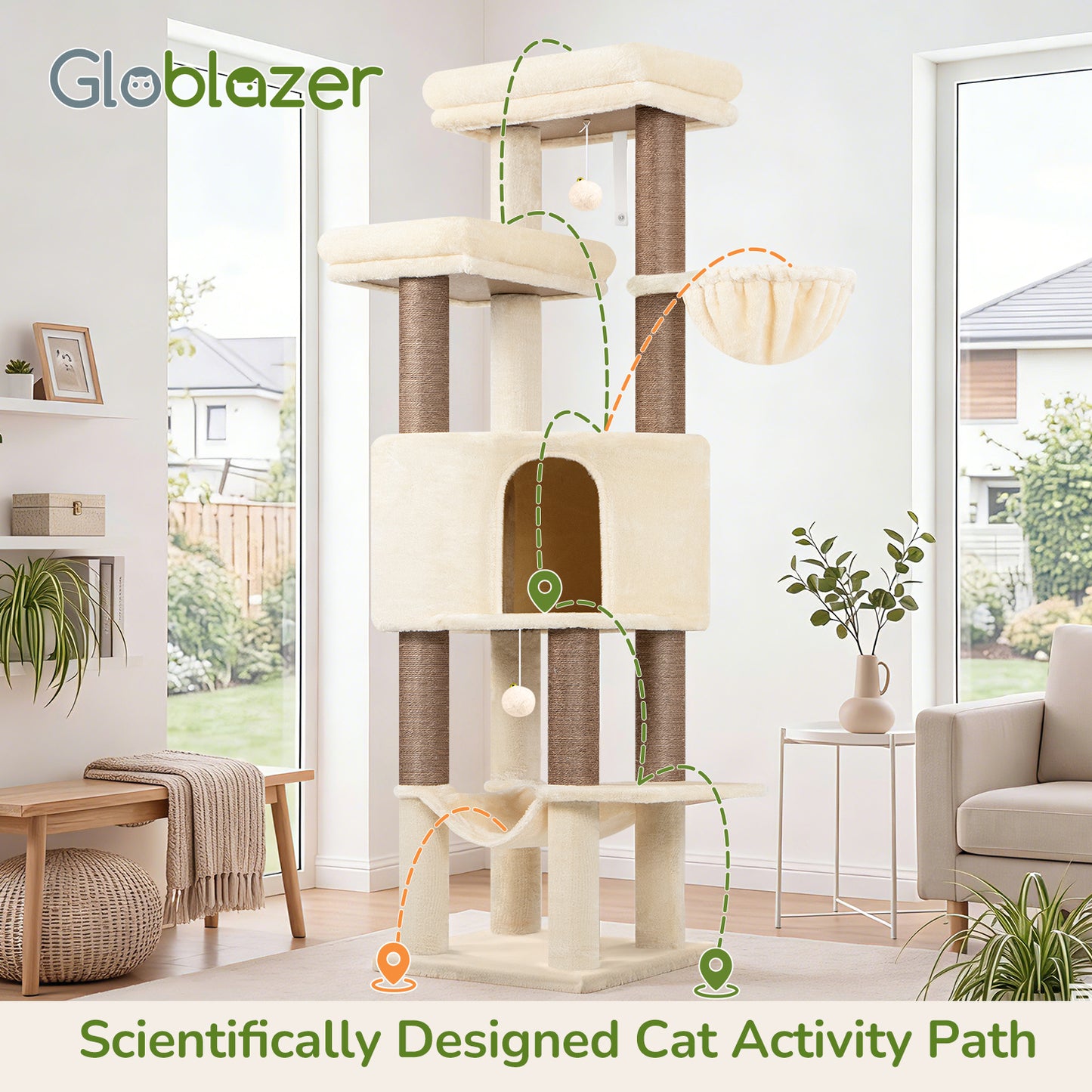 Globlazer Tall Cat Tree Tower for Large Adult Cats, Multi-Level Large 65 Inch Cat Scratching Tower with Hammock, 6 Scratching Posts, Basket and 2 Perches for Indoor Multiple Cats, F65D, Beige