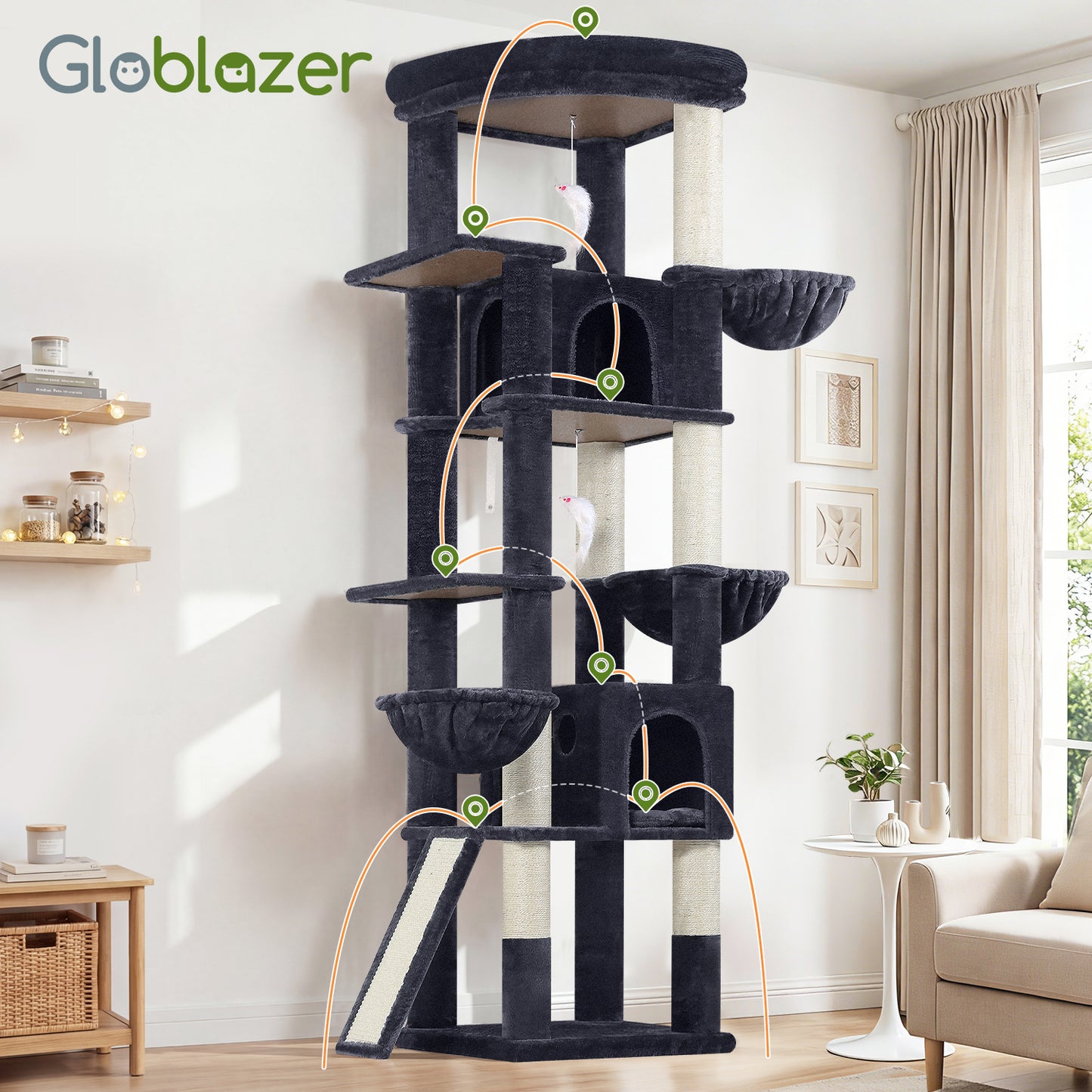 Globlazer Extra Large Cat Tree, 78 inch Sturdy Tall Cat Tree Tower for Indoor Multiple Large Adult Cats Kittens with 6 Scratching Posts, Enlarged Top Perch, 2 Padded Condos, S78G, Dark Grey