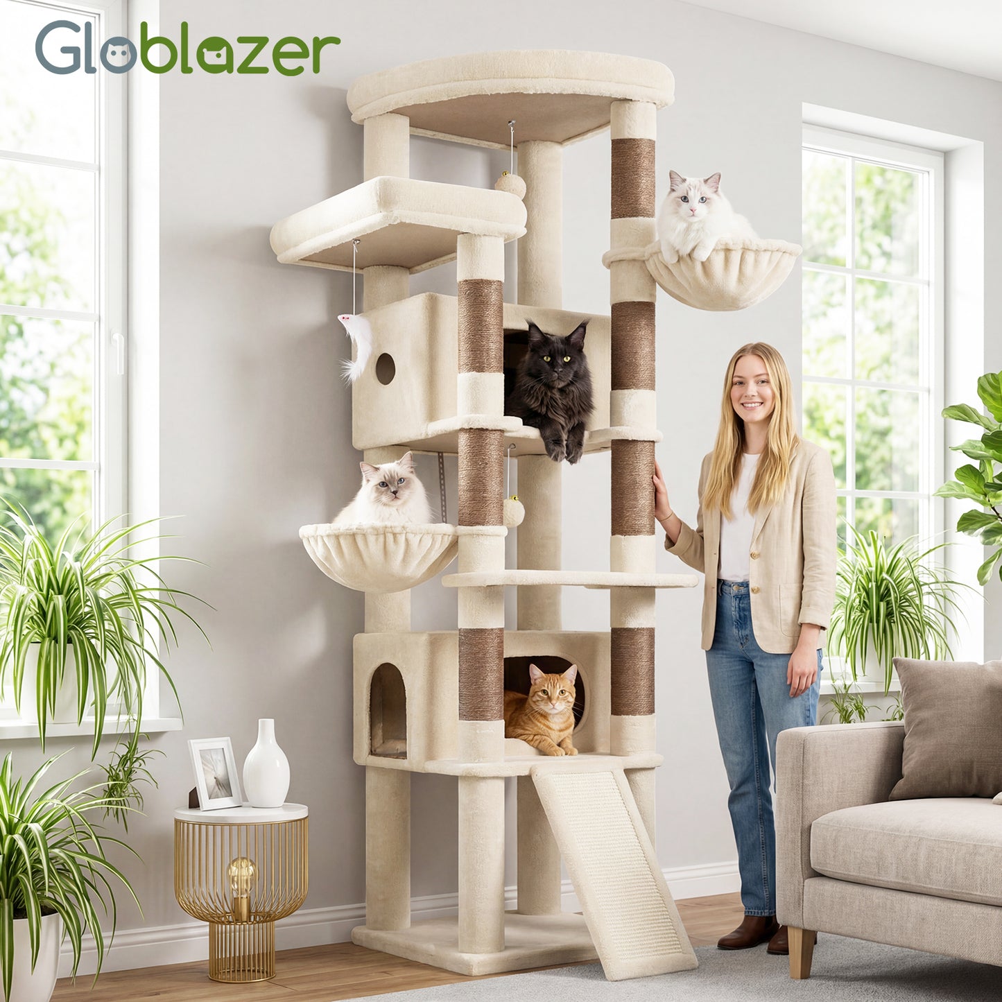 Globlazer Extra Large Heavy Duty Cat Tree, 80in Tall Sturdy Cat Tree Tower for Multiple Indoor Cats Large Adult with Scratching Posts, 2 Spacious Condos with Padding, 2 Soft Perches, S80C, Beige