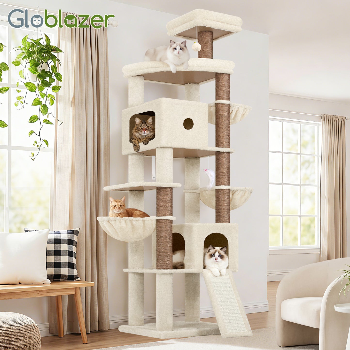 Globlazer Giant Cat Tree, 83 Inch Heavy Duty Tall Cat Tower with 7 Scratching Posts, Multi-Level Large Cat Condo for Indoor Cats Large Adult, 2 Perchs, 3 Sturdy Baskets, Cat Toys, F83C, Beige