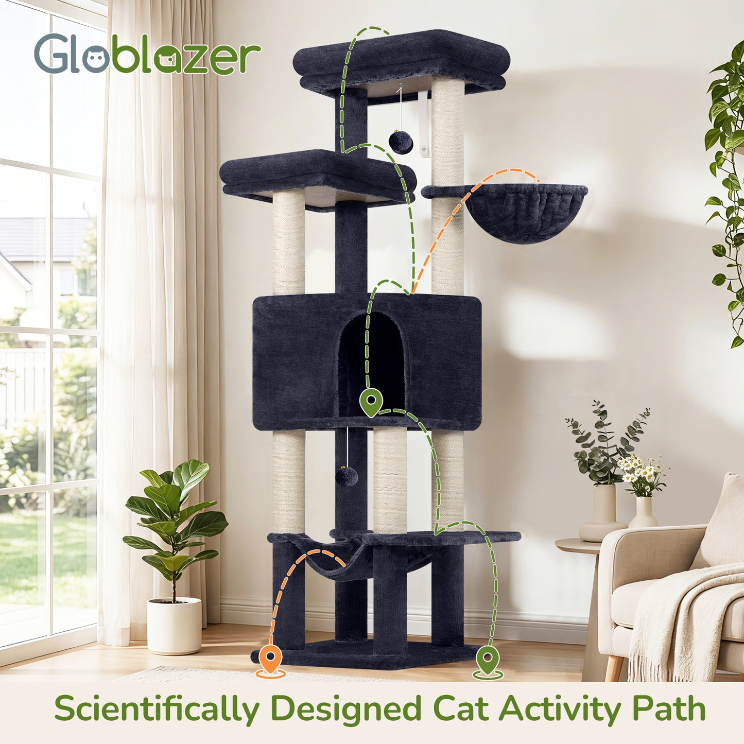 Globlazer Tall Cat Tree Tower for Large Adult Cats, Multi-Level Large 65 Inch Cat Scratching Tower with Hammock, 6 Scratching Posts, Basket and 2 Perches for Indoor Multiple Cats, F65D, Dark Grey