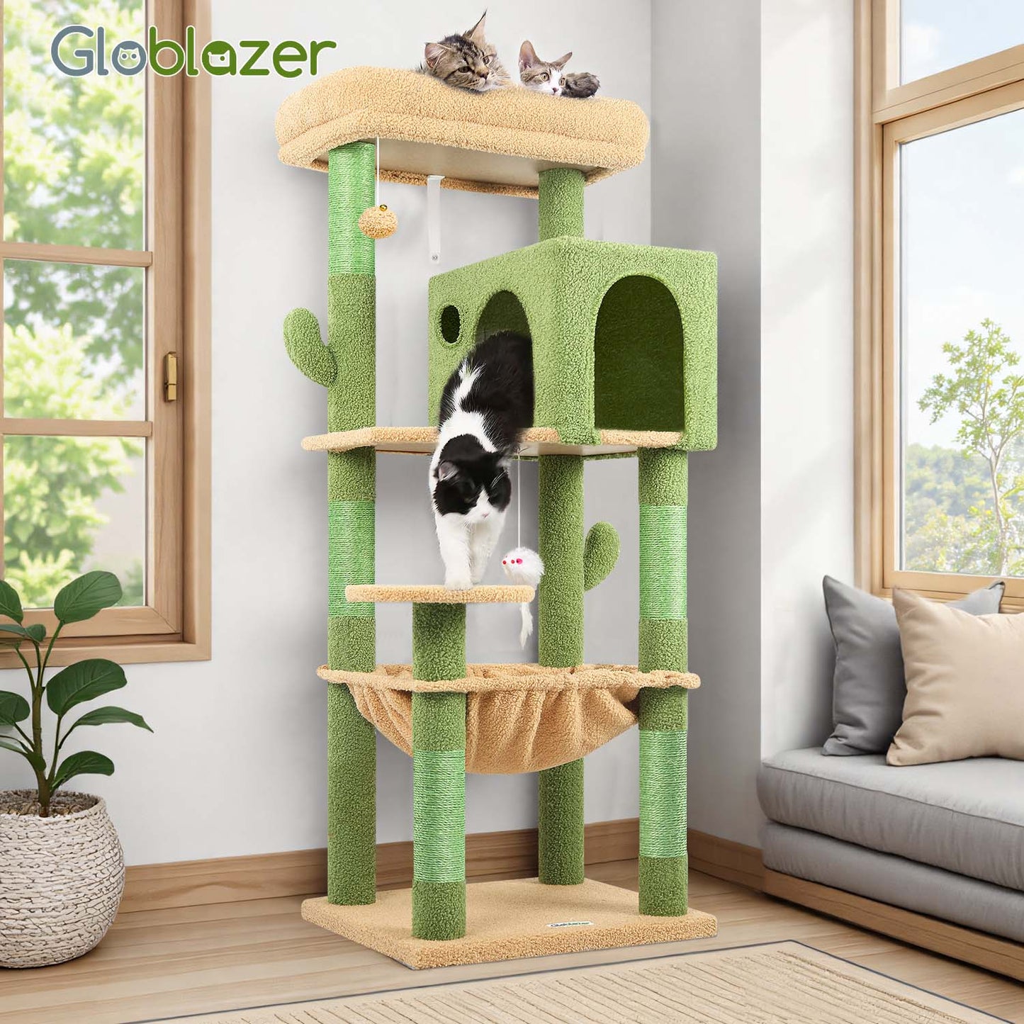 Globlazer Cactus Cat Tree Tower with 5 Scratching Post for Indoor Cats, 53inch Tall Plush Multi-Level Cat Climbing Tower Condo House with Large Hammock, Spacious Cat Cave, Padded Top Perch, F53, Green