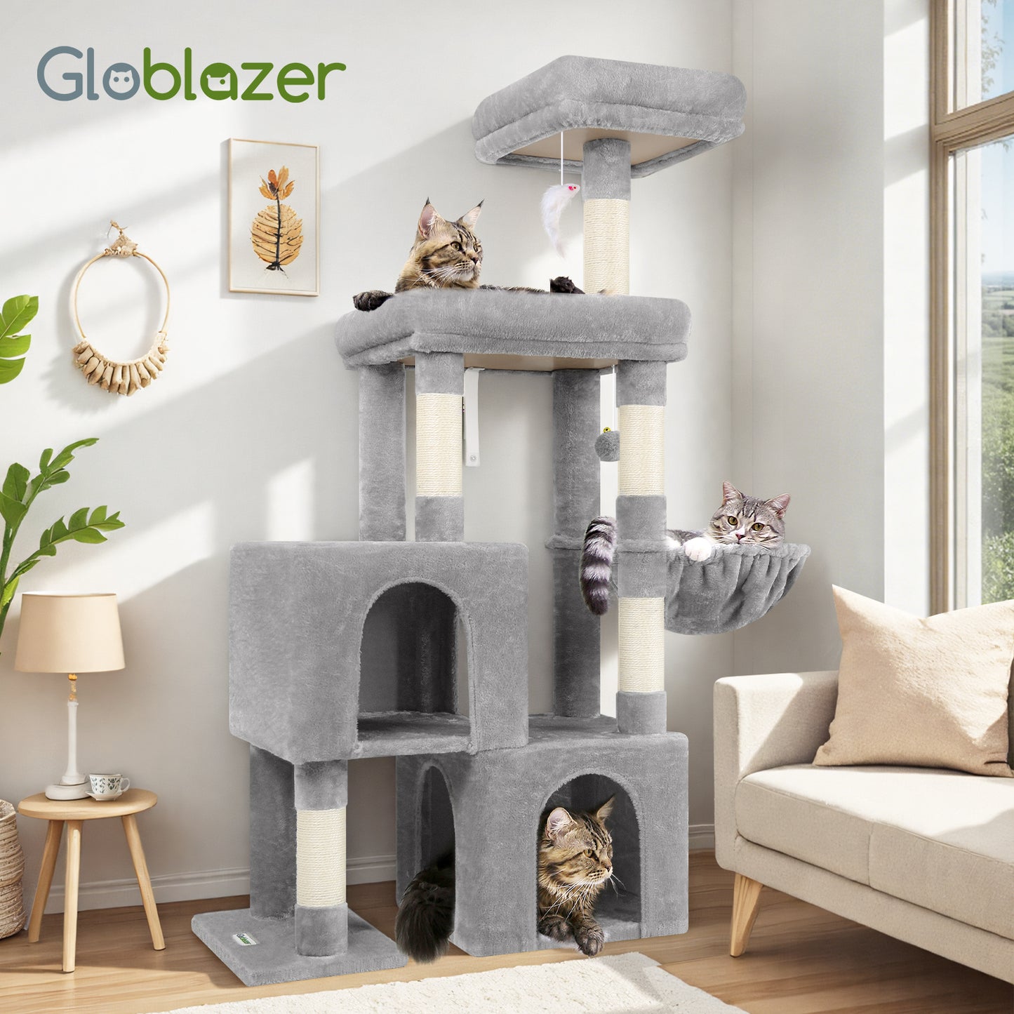Globlazer Cat Tower for Indoor Cats, 52in Multi-Level Cat Tower with 5 Sisal Scratching Posts, Cat Tree House with 2 Padded Perches, 2 Cozy Condos, Big Hanging Basket, Hanging Toys, S52, Light Gray
