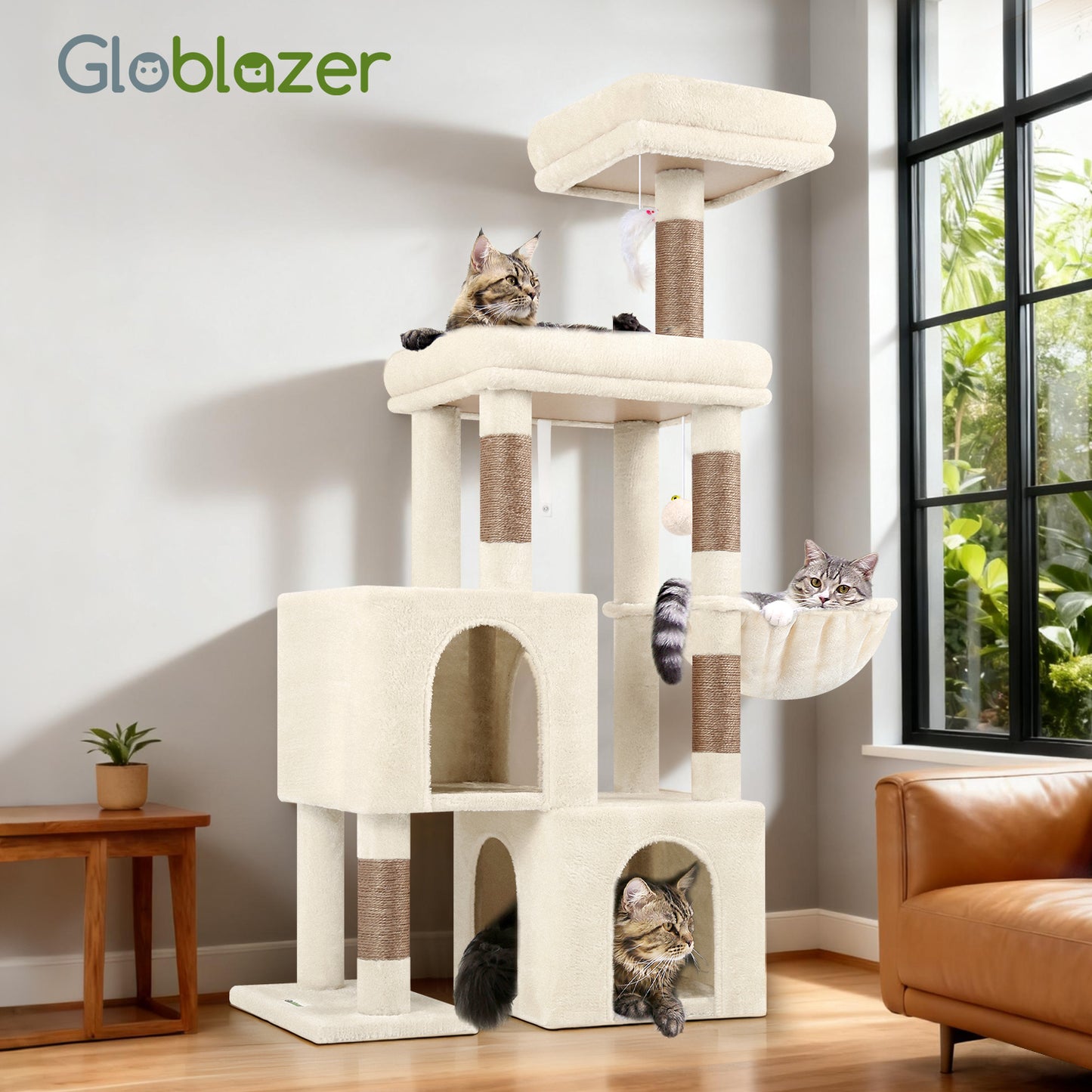 Globlazer Cat Tower for Indoor Cats, 52in Multi-Level Cat Tower with 5 Sisal Scratching Posts, Cat Tree Condo with 2 Padded Perches, 2 Cozy Condos, Big Hanging Basket, Hanging Toys, S52, Beige