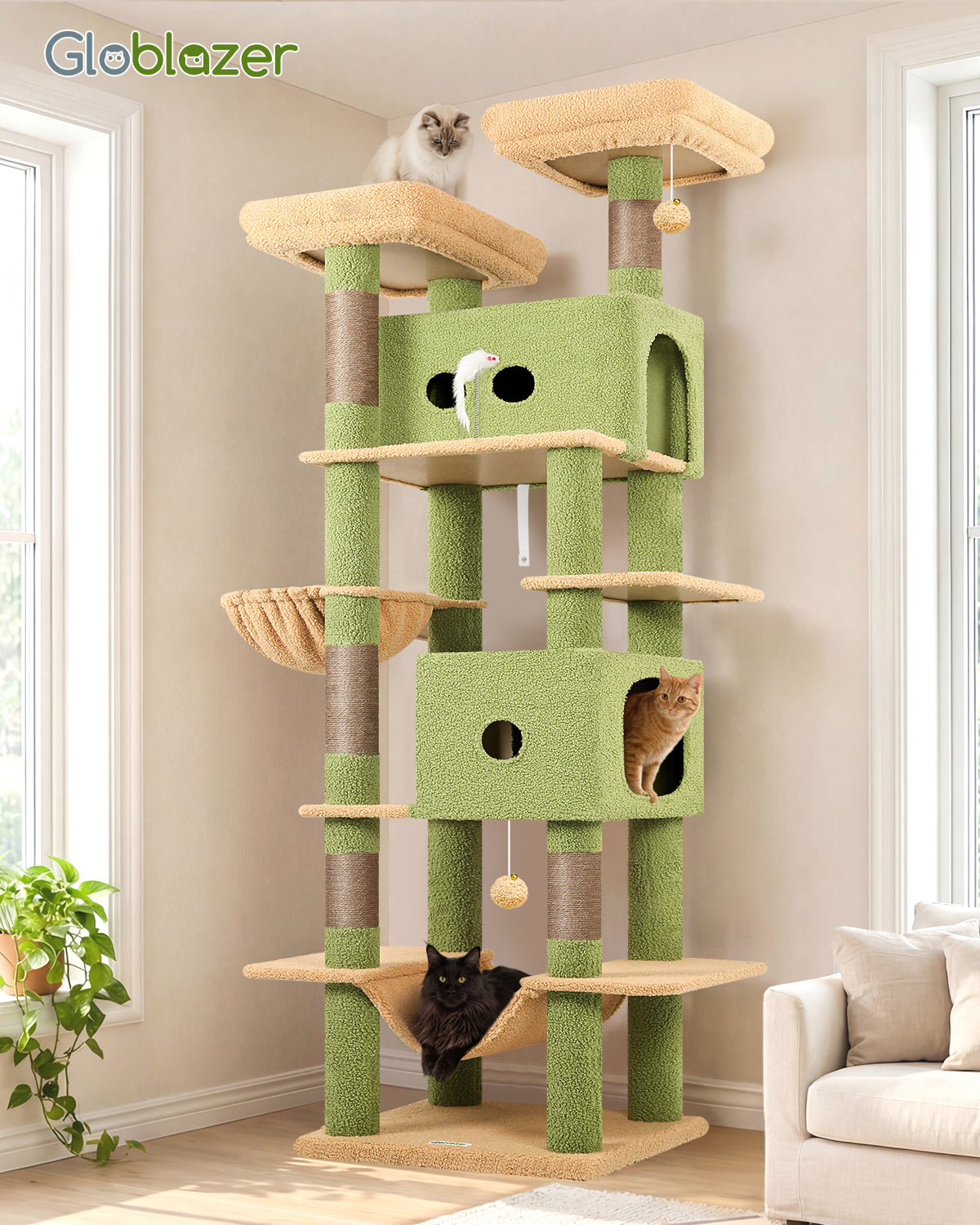 Globlazer Cactus Heavy Duty Cat Tree Tower 80in Tall Extra Large Cat Tree Tower for Multiple Indoor Cats Large Adult with Scratching Posts, 2 Spacious Condos, Padded Perches, Soft Hammock, S80B, Green