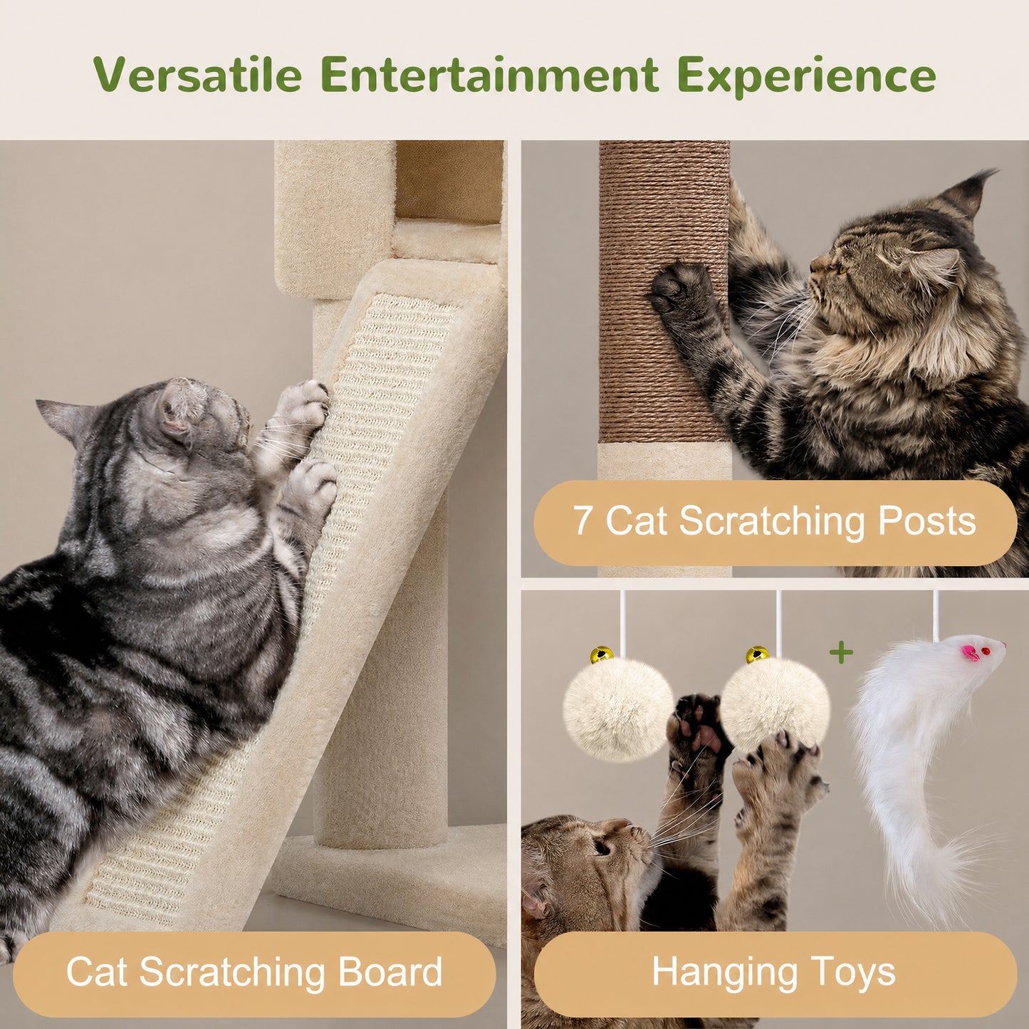 Globlazer 74in Tall Cat Tree for Indoor Cats Large Adult, Sturdy Heavy Duty Cat Tree Tower with 7 Scratching Posts for Multiple Cats, 2 Spacious Condos, 2 Hanging Baskets, S74G, Beige
