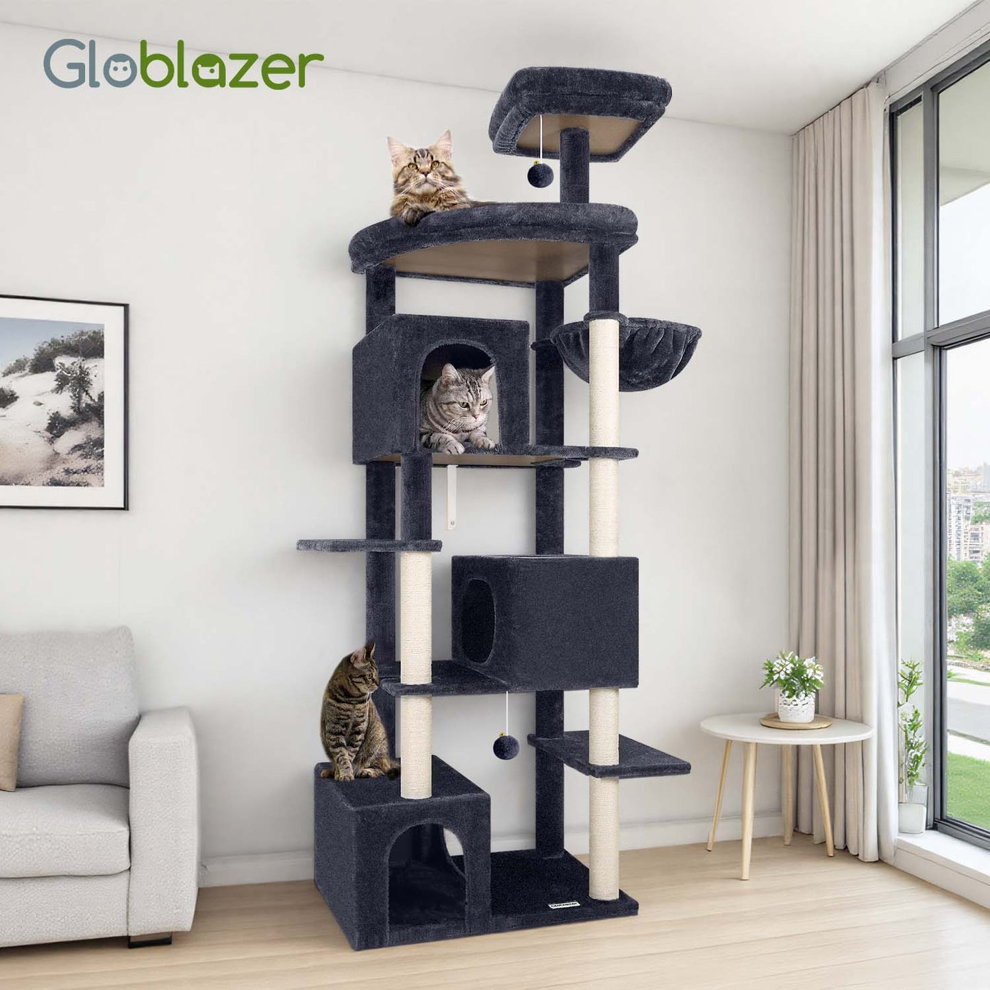 Globlazer Large Cat Tree Tower for Indoor Cats, Sturdy Heavy Duty Cat Condo with 3 Spacious Cat Houses, Oversized Top Perch and 6 Full Sisal Posts, Modern Cat Furniture for Large Cats, S80, Dark Grey