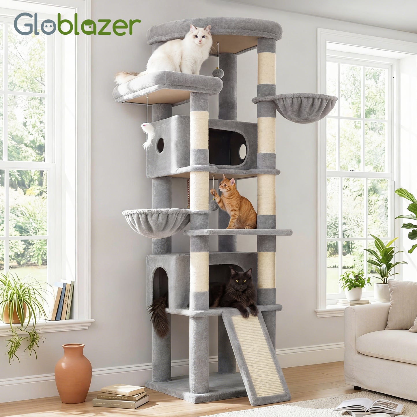 Globlazer Extra Large Heavy Duty Cat Tree, 80in Tall Sturdy Cat Tree Tower for Multiple Indoor Cats Large Adult with Scratching Posts, 2 Spacious Condos with Padding, 2 Soft Perches, S80C, Light Grey