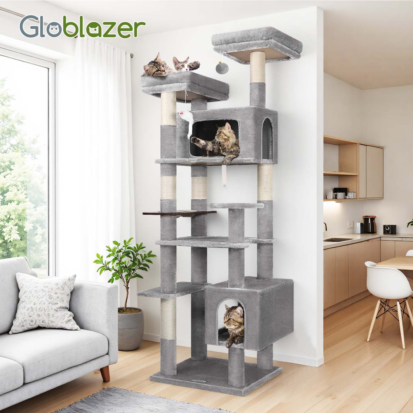 Globlazer Large Cat Tree Tower for Multiple Indoor Cats with Food Station, 77in Extra Tall Sturdy Cat Tree Tower for Large Cat with 6 Scratching Posts, 2 Cozy Condos, 2 Plush Perches, F77B, Light Grey