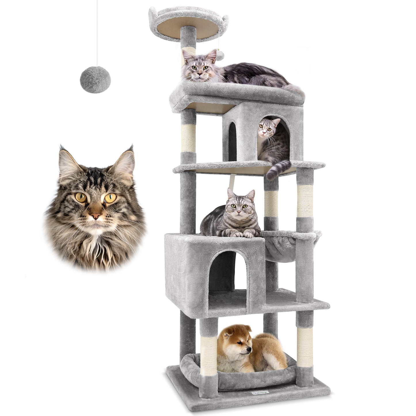 Globlazer Heavy Duty Cat Trees for Large Cats, Sturdy 72in Maine Coon Cat Tree for Large Cats 20 lbs+ Heavy Duty Cat Tower for Adult Biggest Cat with 6 Scratching Posts, Hammock, S72, Light Grey