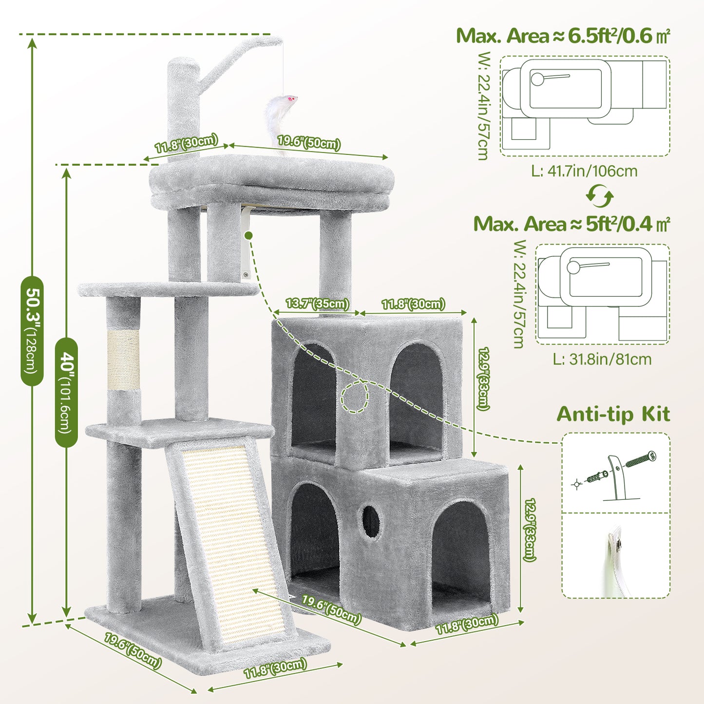 Globlazer F50 Cat Tower for Indoor Cats, 50-inch Heavy Duty Cat Tree for Big Cats, Cat Tree House with Extra-Large Padded Platform, Sisal Scratching Board, 2 Large Condos, Cloud Grey