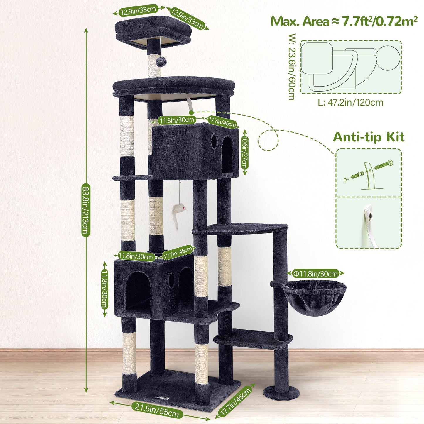 Globlazer Giant Cat Tree, 83 inch Cat Tree for Indoor Cats Large Big Adult, XXL Cat Tower with 9 Scratching Posts for 20lb+ Heavy Duty Large Adult Cats, F83, Dark Grey