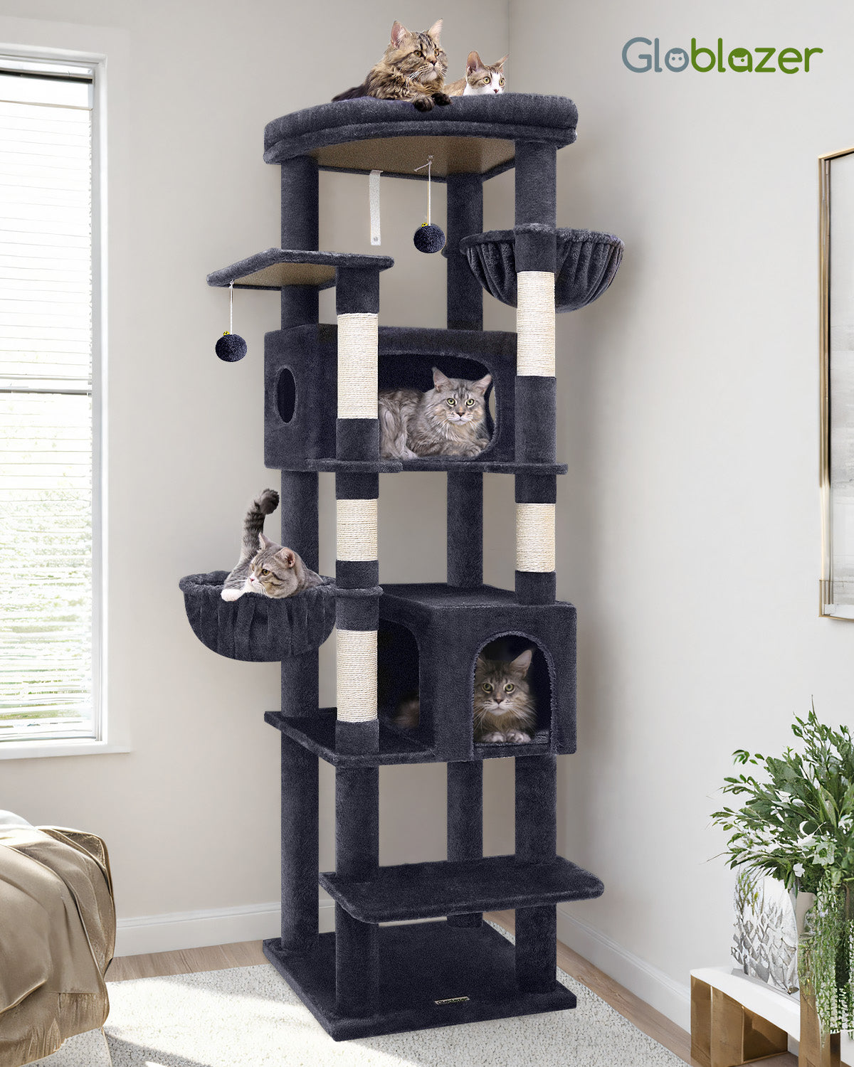 Globlazer Extra Large Cat Tree Tower for Indoor Cats, 74inch Tall Cat Tree Tower for Large Cats Adult with 5 Scratching Posts, 2 Spacious Condos, 2 Big Hanging Baskets, Enlarged Perch, S74, Dark Grey