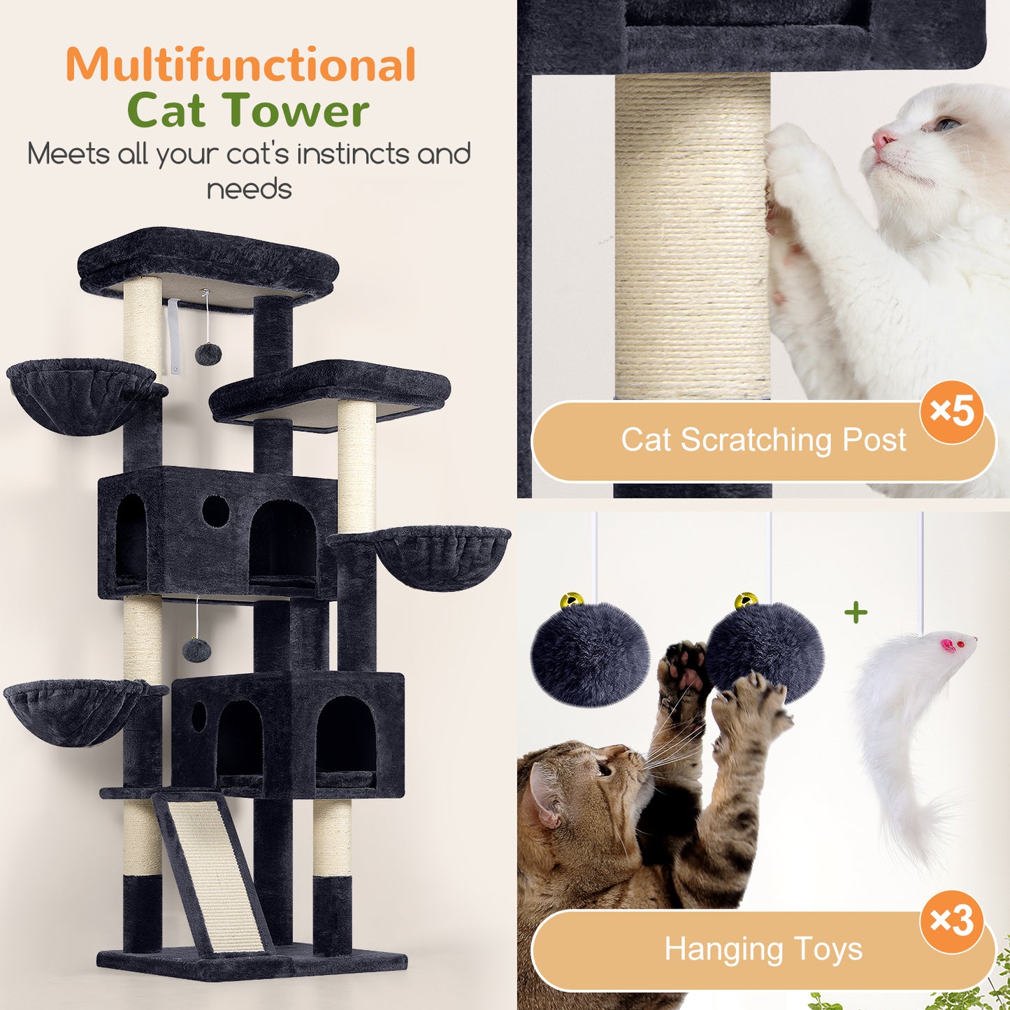Globlazer Large Cat Tree, 72 inch Tall Cat Climbing Tower for Indoor Large Adult Cats Multi-Level Furniture Tree House with 2 Cozy Perches, 2 Padded Condos, 5 Sisal Scratching Posts, F72G, Dark Grey