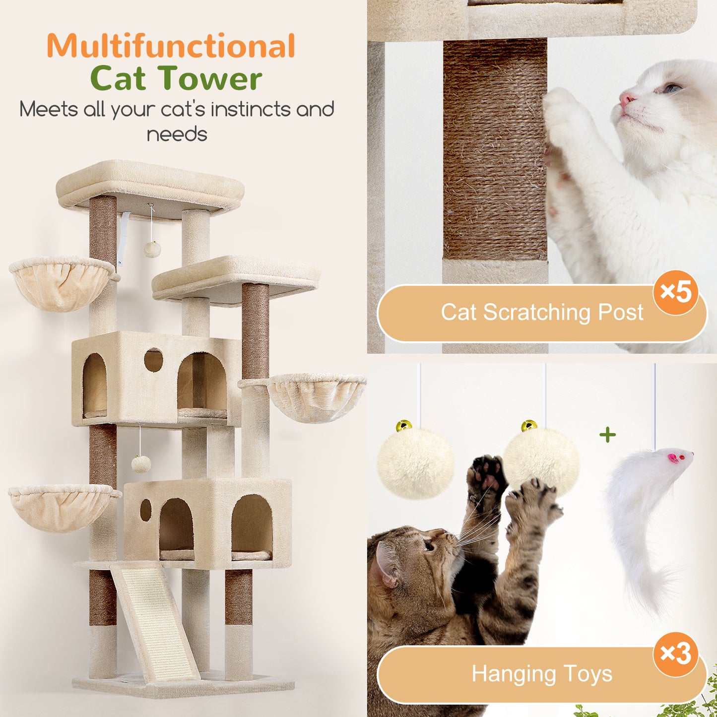 Globlazer Large Cat Tree, 72 inch Tall Cat Climbing Tower for Indoor Large Adult Cats Multi-Level Furniture Tree House with 2 Cozy Perches, 2 Padded Condos, 5 Sisal Scratching Posts, F72G, Beige