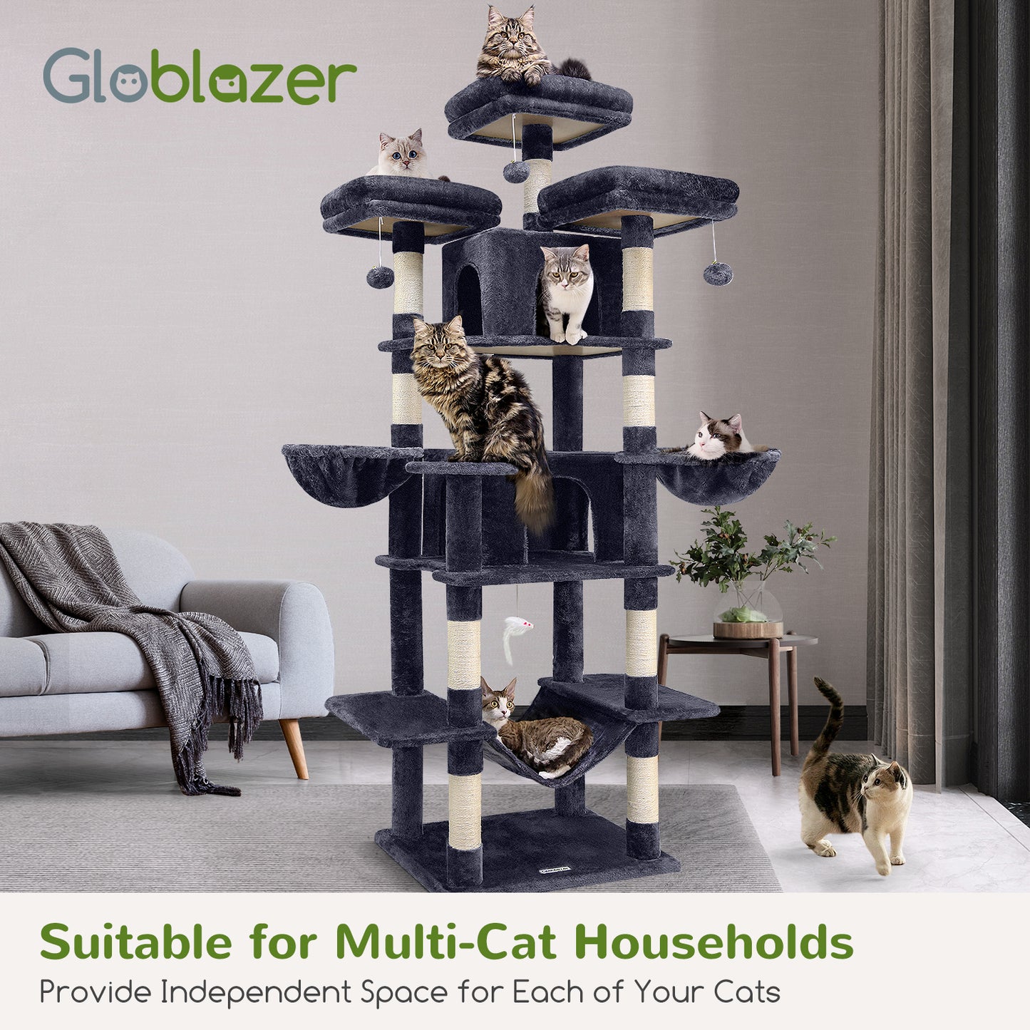 Globlazer Big Cat Tower for Indoor Cats, 80inch Cat Tower for Multiple Adult Cats XXL Cat Tree with 9 Scratching Posts, Hammock, 3 Perches, 2 Condos, 2 Hanging Basket, F80, Dark Grey