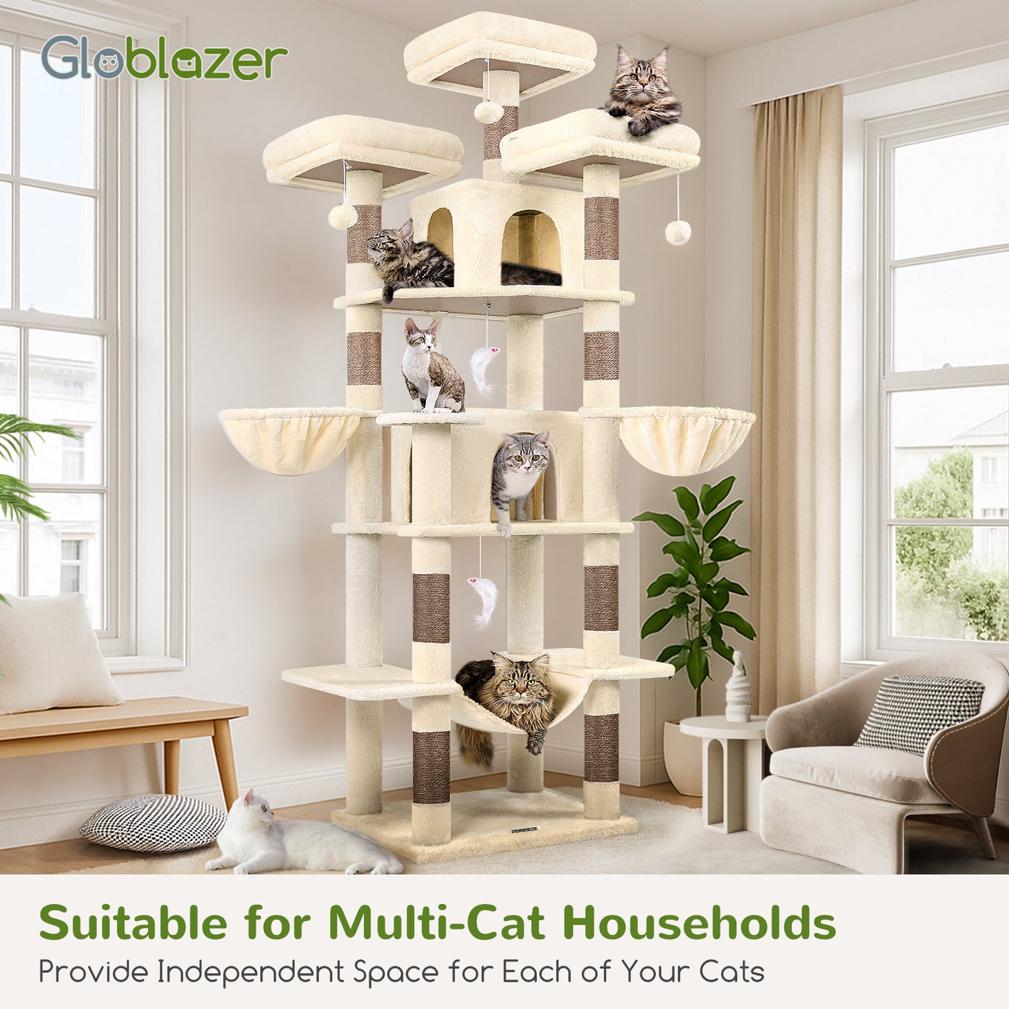 Globlazer Big Cat Tower for Indoor Cats, 80inch Cat Tower for Multiple Adult Cats XXL Cat Tree with 9 Scratching Posts, Hammock, 3 Perches, 2 Condos, 2 Hanging Basket, F80, Beige