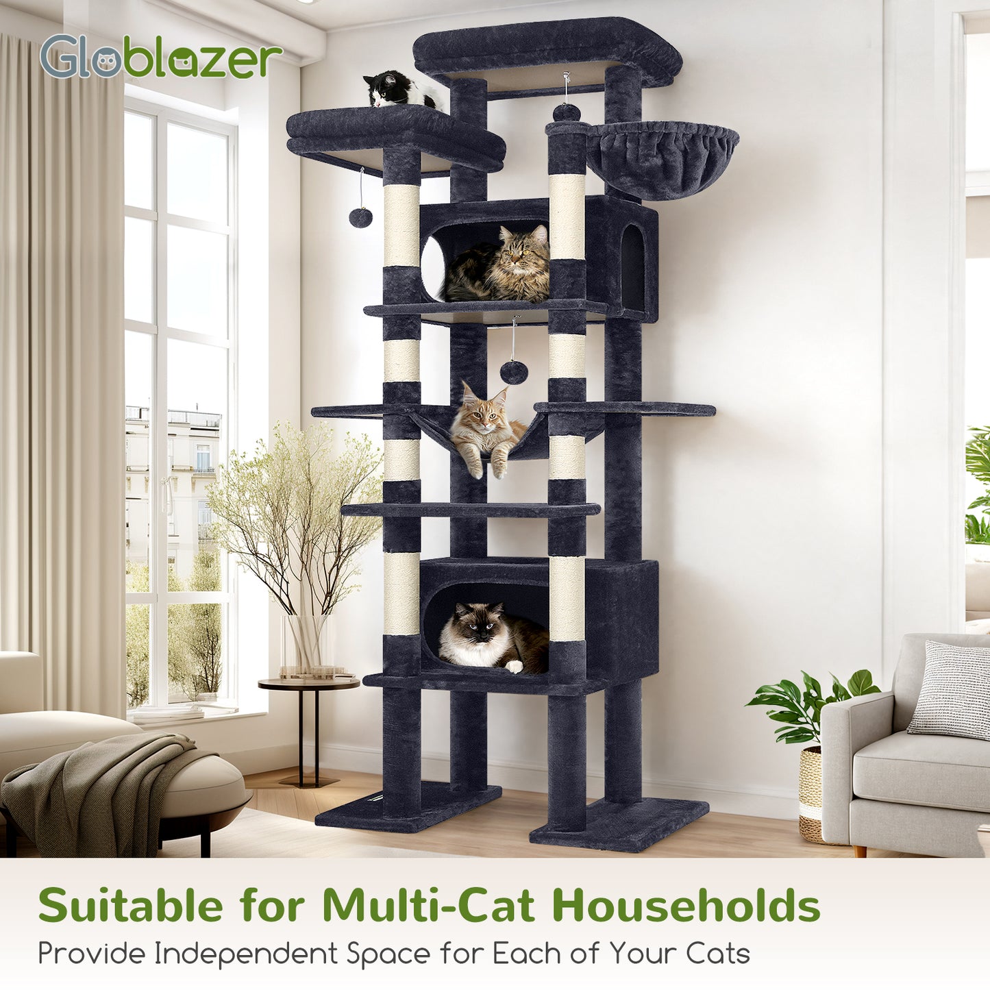 Globlazer XXL Giant Cat Tree, 83 Inch Heavy Duty Tall Cat Tower for Indoor Cats Large Adult, Multi-Level Large Cat Condo with 8 Scratching Posts, Hammock, 2 Cat Caves, 2 Platform, F83B, Dark Grey