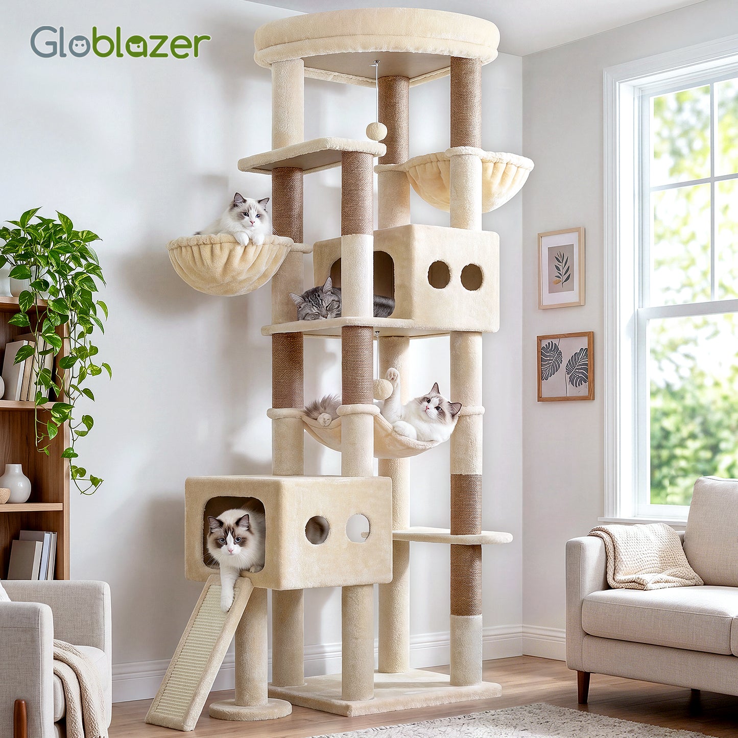 Globlazer Cat Tower for Large Cats, 81 inch Cat Tree for Indoor Cats Large Adult, Tall Cat Tower with 2 Condos, 2 Baskets, Hammock, Large Perch, 8 Sisal Posts, Scratching Board, S81G, Beige