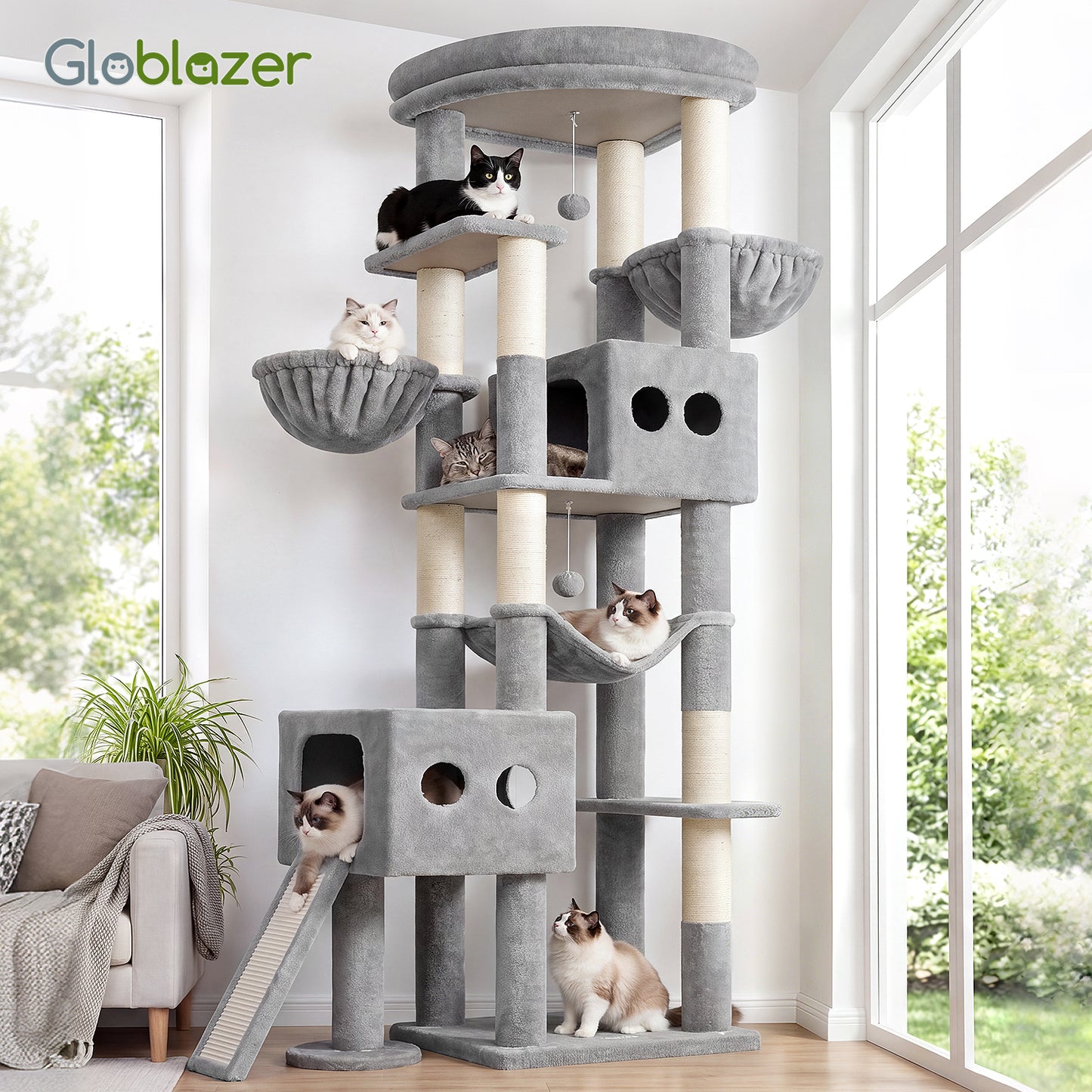 Globlazer Cat Tower for Large Cats, 81 inch Cat Tree for Indoor Cats Large Adult, Tall Cat Tower with 2 Condos, 2 Baskets, Hammock, Large Perch, 8 Sisal Posts, Scratching Board, S81G, Light Grey