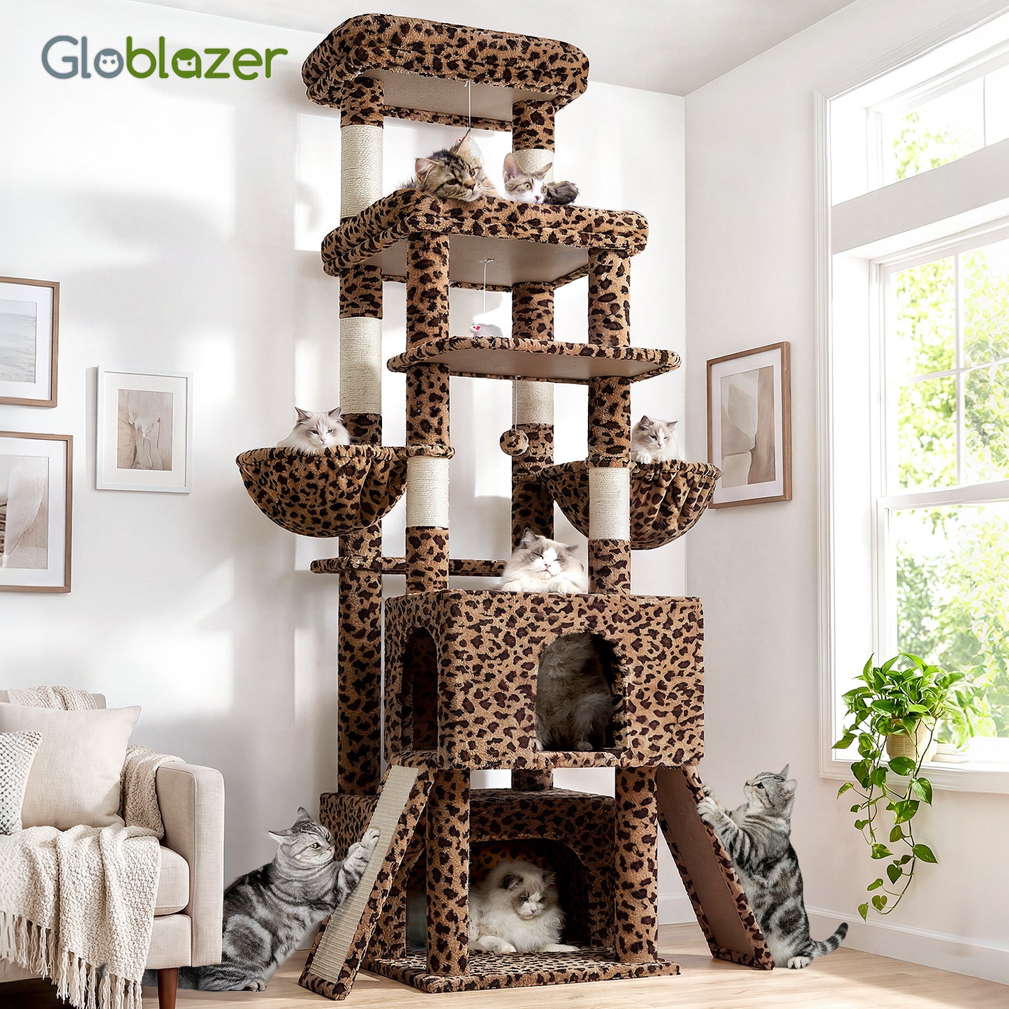 Globlazer Heavy Duty Cat Tree 78 inch Sturdy Cat Tower for 20lbs Large Adult Cats, Symmetrical Aesthetic Big Cat Tree with Extra Large Platform, 2 Scratching Boards, Z78, Leopard Print