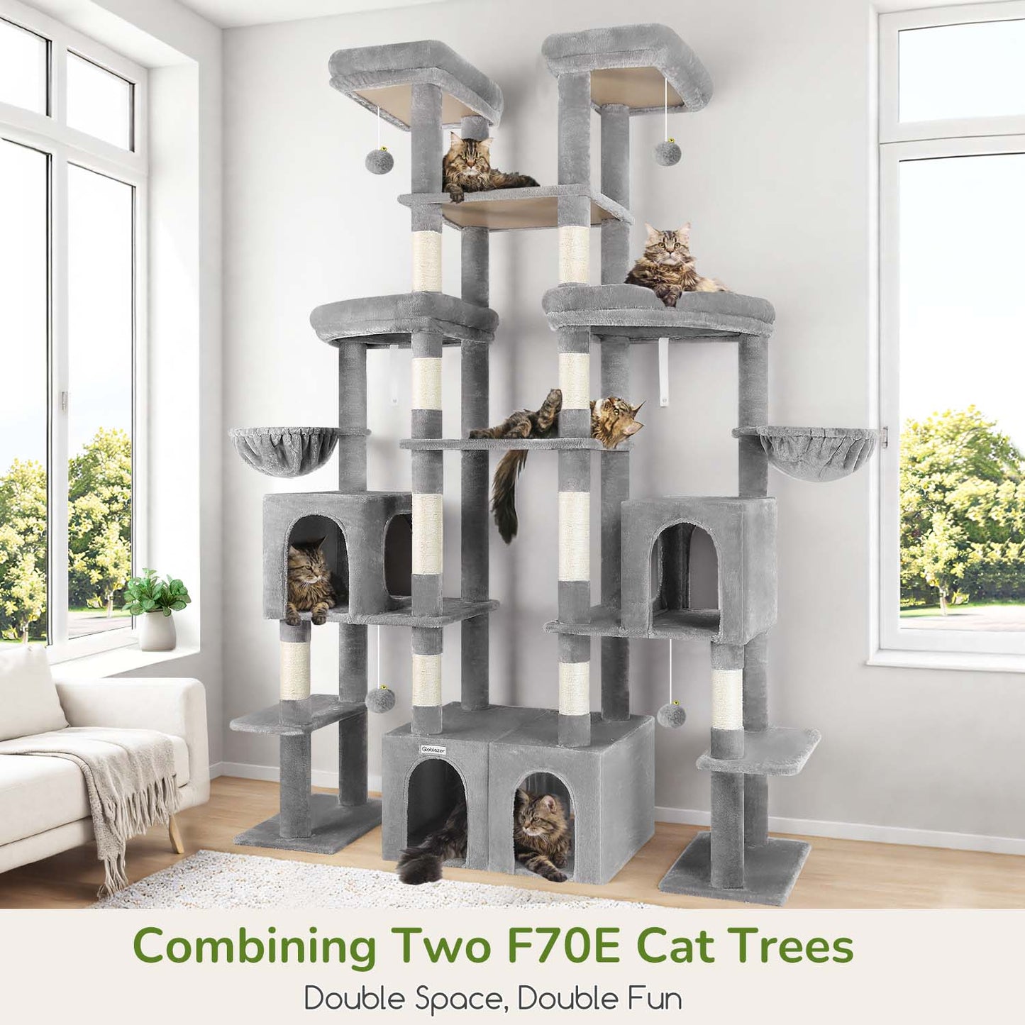 Globlazer Cat Tree Tower for Indoor Cats Large Adult, 70in Tall Cat Tree with 2 Spacious Cat Condos, 2 Top Perches and 5 Scratching Posts, Expandable Cat Tower, Use Alone or Combine, F70E, Light Gray