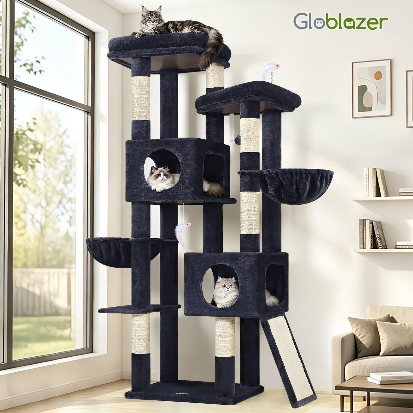 Globlazer 72" Heavy Duty Cat Tree for Large Adult Cats, Multi-Level Cat Tower with 2 Cat Condo, 2 Perchs, 6 Sisal Scratching Posts, Sisal Scratching Board, Multiple Cats, Resting Play, S72E, Dark Grey