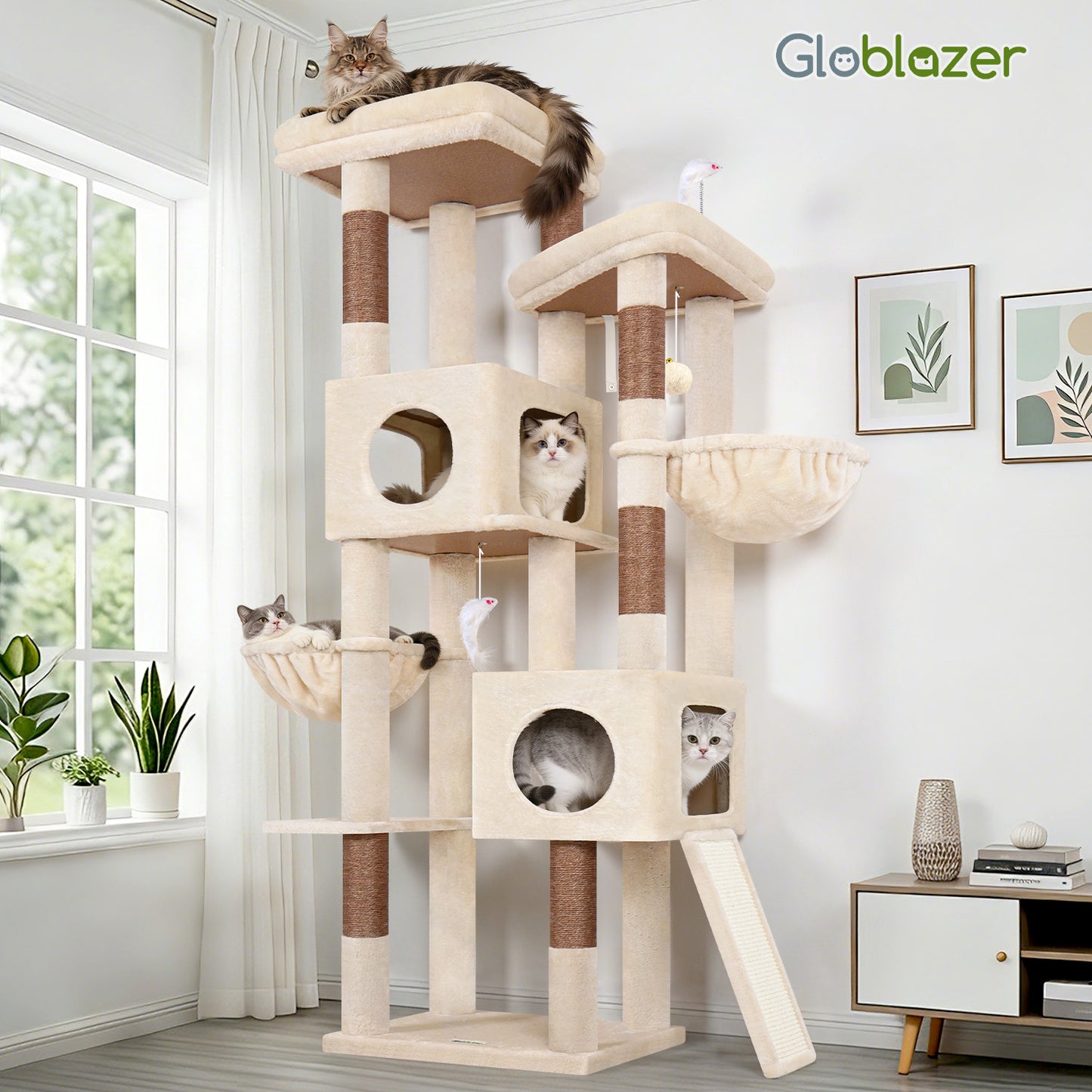 Globlazer 72" Heavy Duty Cat Tree for Large Adult Cats, Multi-Level Cat Tower with 2 Cat Condo, 2 Perchs, 6 Sisal Scratching Posts, Sisal Scratching Board, Multiple Cats, Resting Play, S72E, Beige