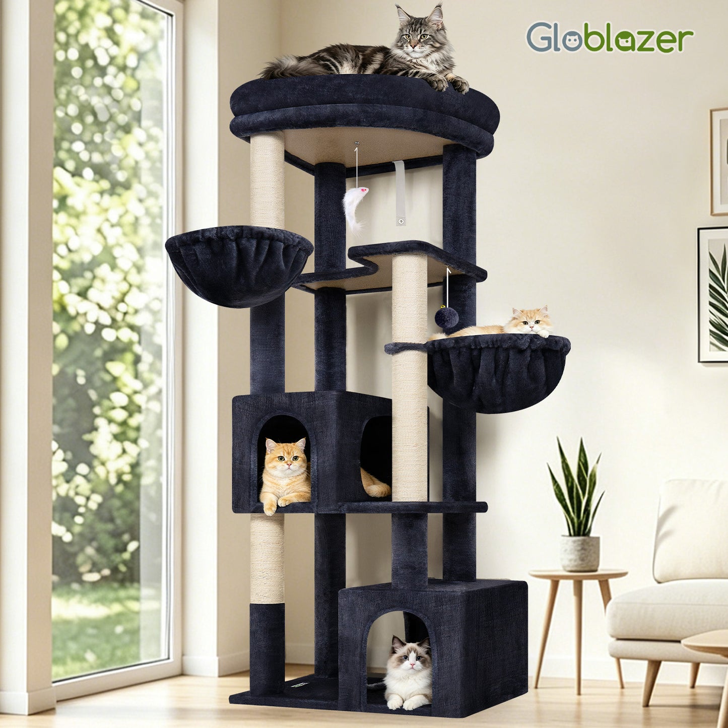 Globlazer Corner Cat Tree for Large Indoor Cats, 64in Space Saving Cat Tower with Enlarged Top Perch, 4 Scratching Posts, Multi-Level Cat Tree Tower with 2 Condos, 2 Hammocks, C64, Dark Grey