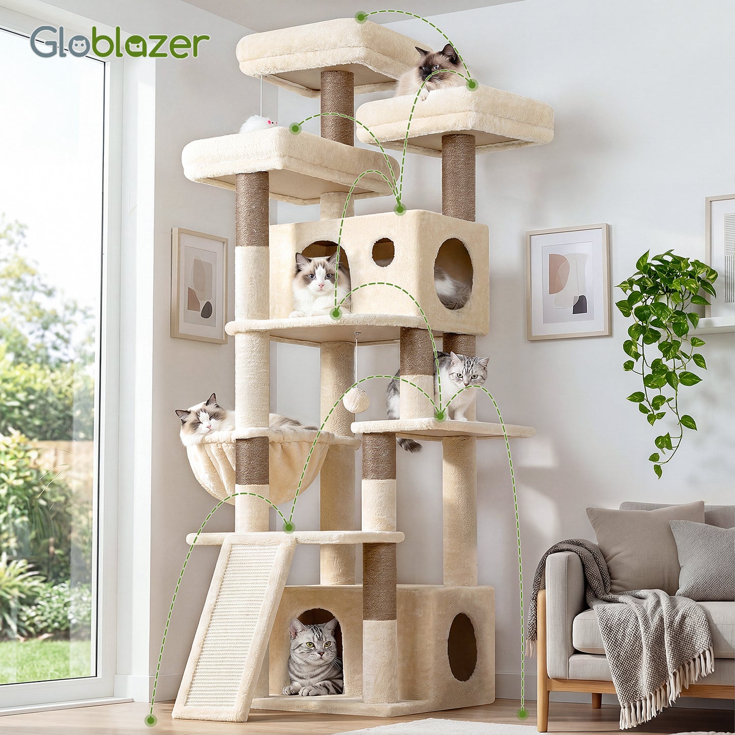 Globlazer Heavy Duty Cat Tree, 73inch Sturdy Cat Tower with Scratching Post for Indoor multiple Cats, Maine Coon Cat Tree with 3 Cat Perch, Basket, 2 Cat Condo for Adult Cats Kittens, F73C, Beige