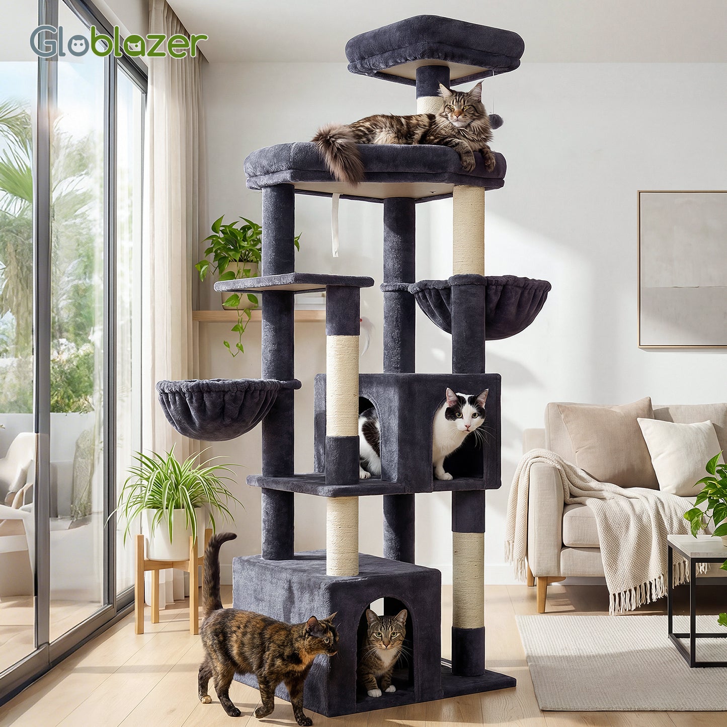 Globlazer Sturdy Cat Tree, 68-inch Large Cat Tower for Indoor Adult Cats 20 lbs Heavy Duty Cat Tree for Big Cats with Extra Large Platform, 5 Scratching Post, S68, Dark Grey