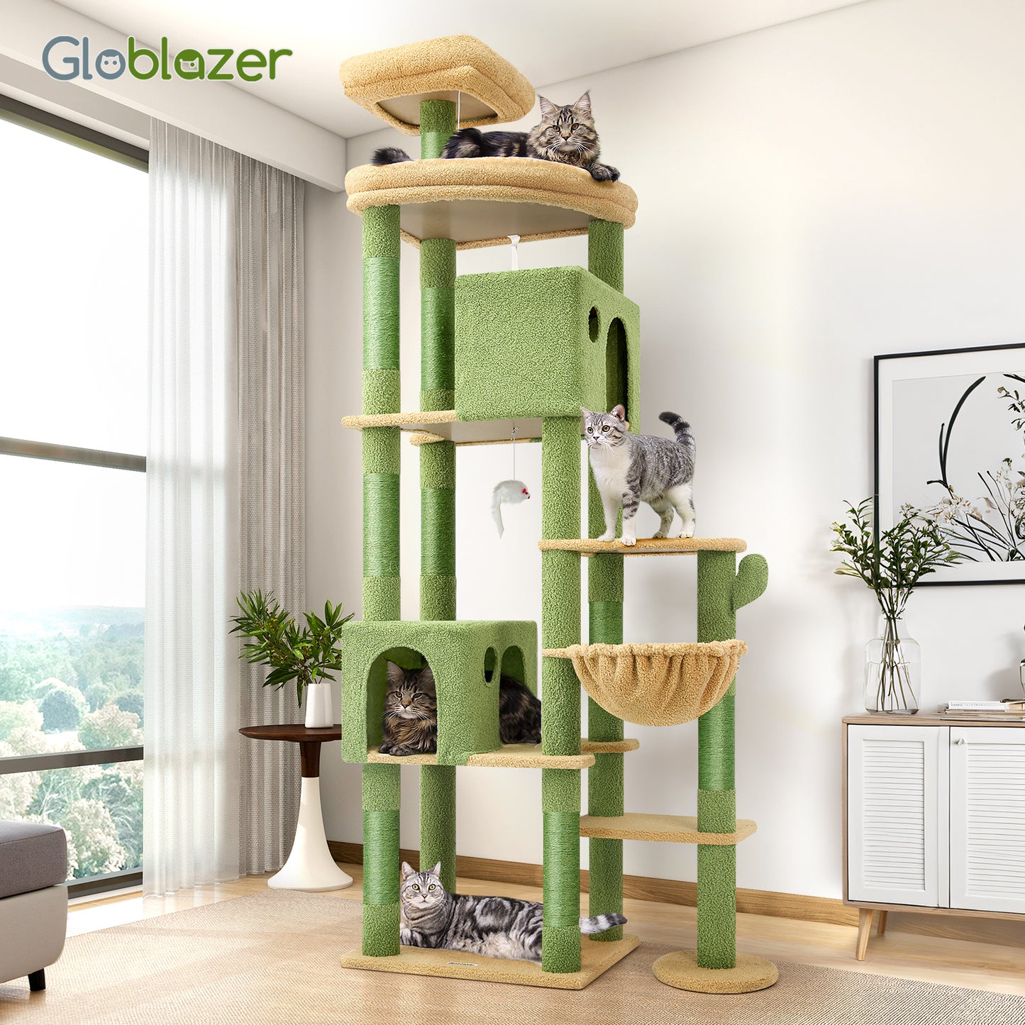 Globlazer Giant Cactus Cat Tree, 83 inch Cat Tree for Indoor Cats Large Big Adult, XXL Cactus Cat Tower with 9 Scratching Posts for 20lb+ Heavy Duty Large Adult Cats, F83, Green