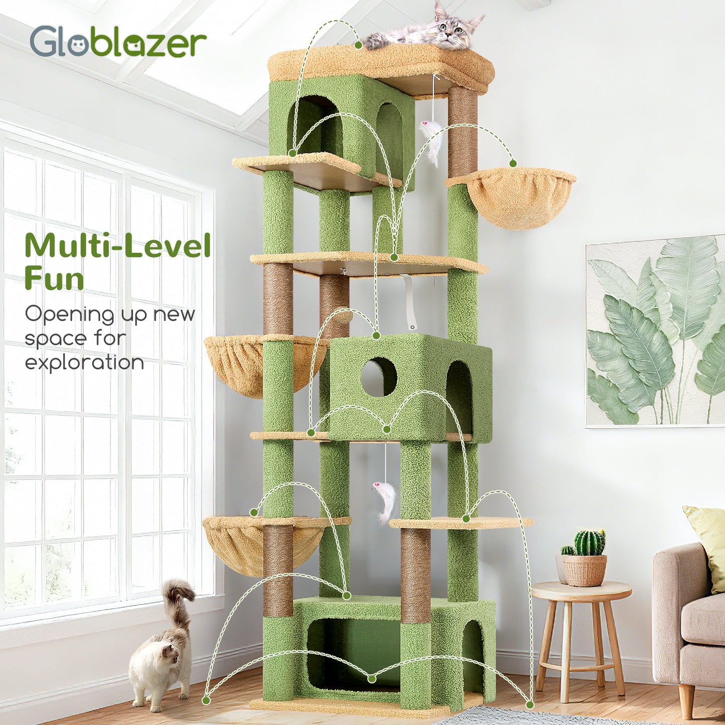 Globlazer Large Cat Tree 80 inch Multi-Level Cactus Climbing Tower Kitty Condos Cat Scratching Tower for Indoor Multiple Adult Cats with Large Platform, 3 Cat Caves, 3 Hanging Baskets, F80F, Green