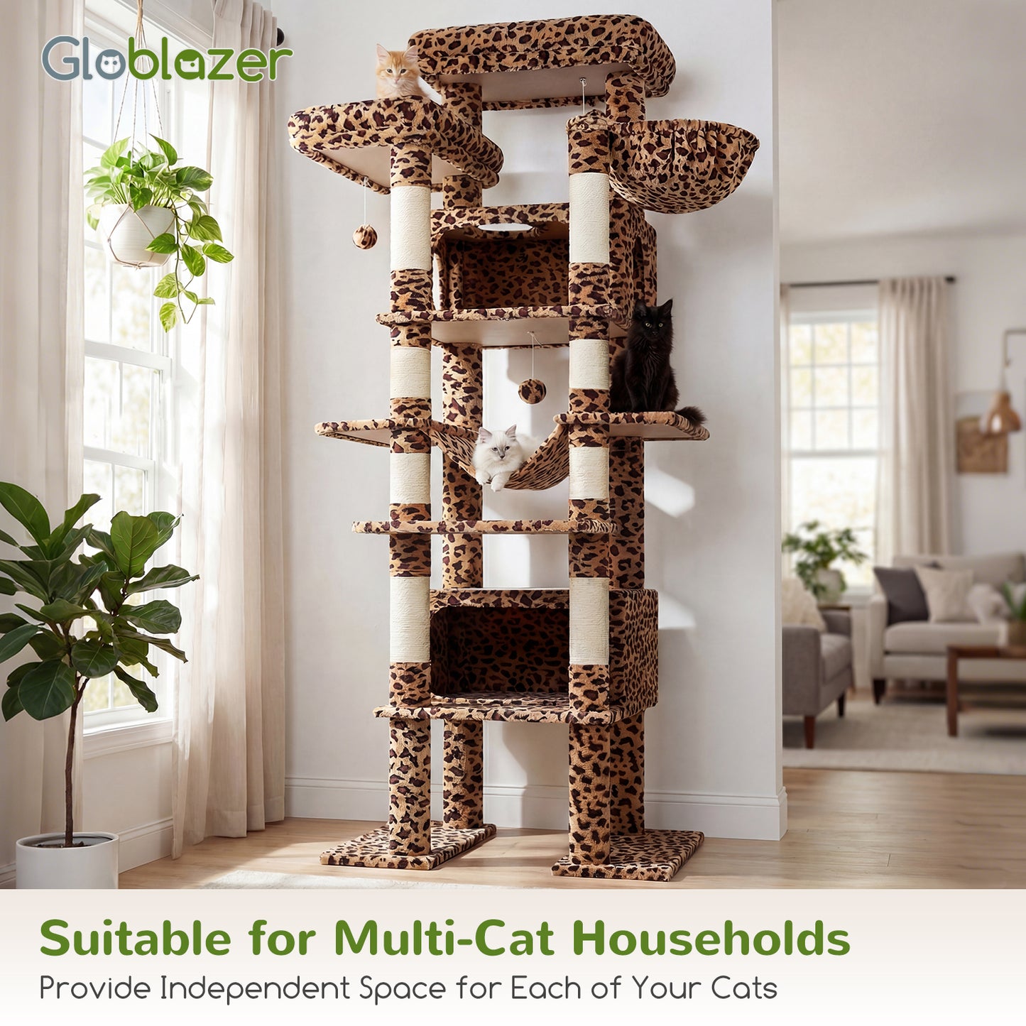 Globlazer XXL Giant Cat Tree, 83 Inch Heavy Duty Tall Cat Tower for Indoor Cats Large Adult, Multi-Level Large Cat Condo with 8 Scratching Posts, Hammock, 2 Cat Caves, 2 Platform, F83B, Leopard Print