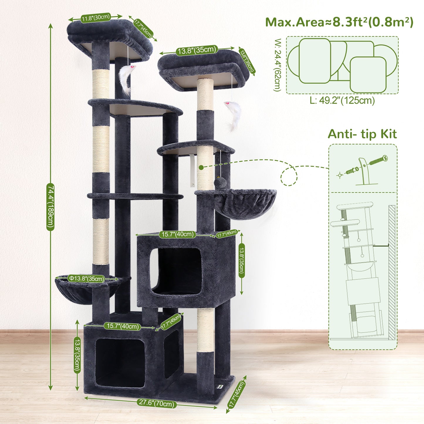Globlazer 74In Sturdy Cat Tree for Large Cats, Heavy Duty Multi-Level Tall Cat Tree Tower for Multiple Indoor Adult Cats with Scratching Posts, 2 Cat Condos, 2 Top Perches, S74E, Dark Grey