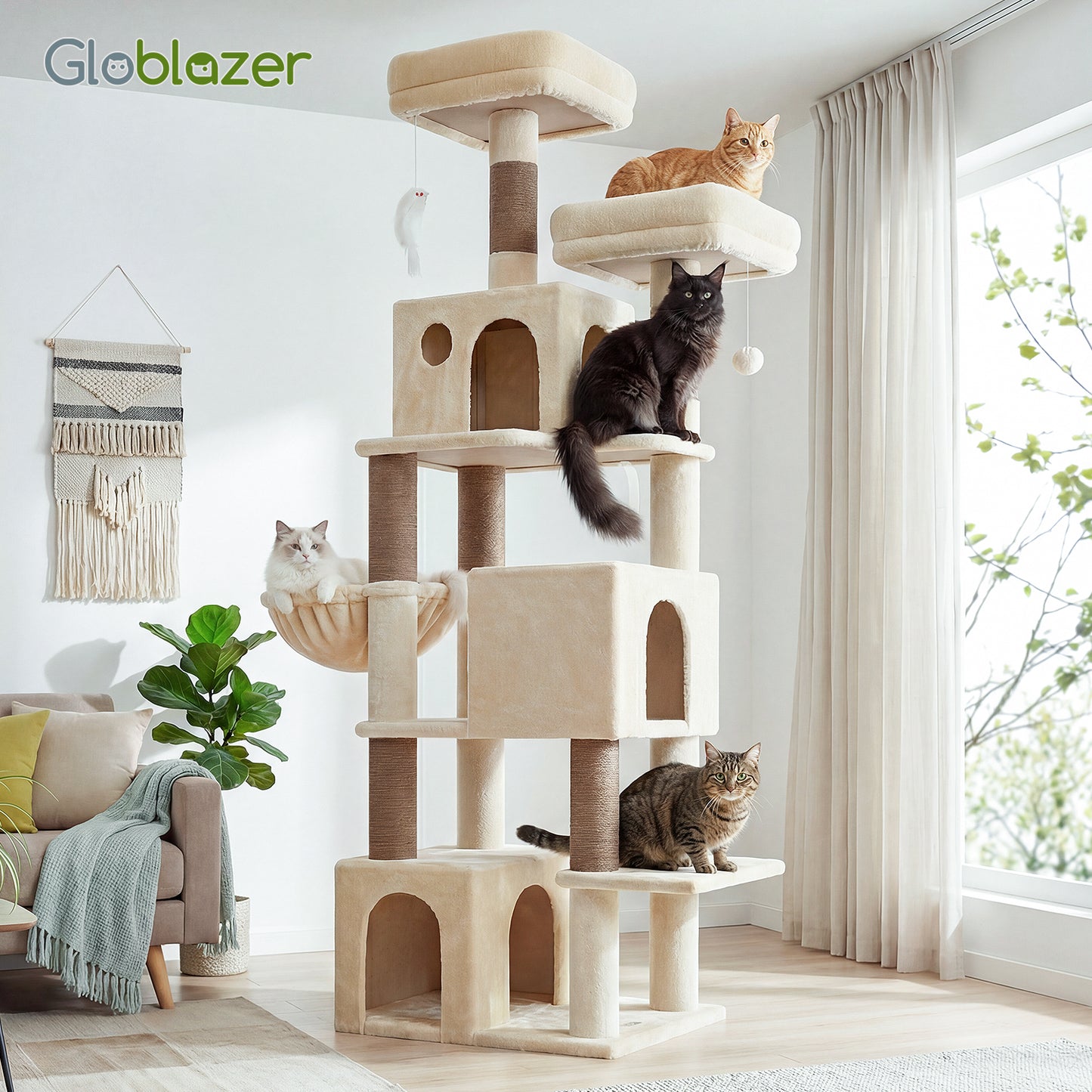 Globlazer Cat Tree Tall, 71 inches Cat Tower for Indoor Adult Cats Multi-Level 3 Condos for Indoor Cats XL Cat Tree Tower with Scratching Posts, Soft Extra Large Hanging Basket, F71, Beige
