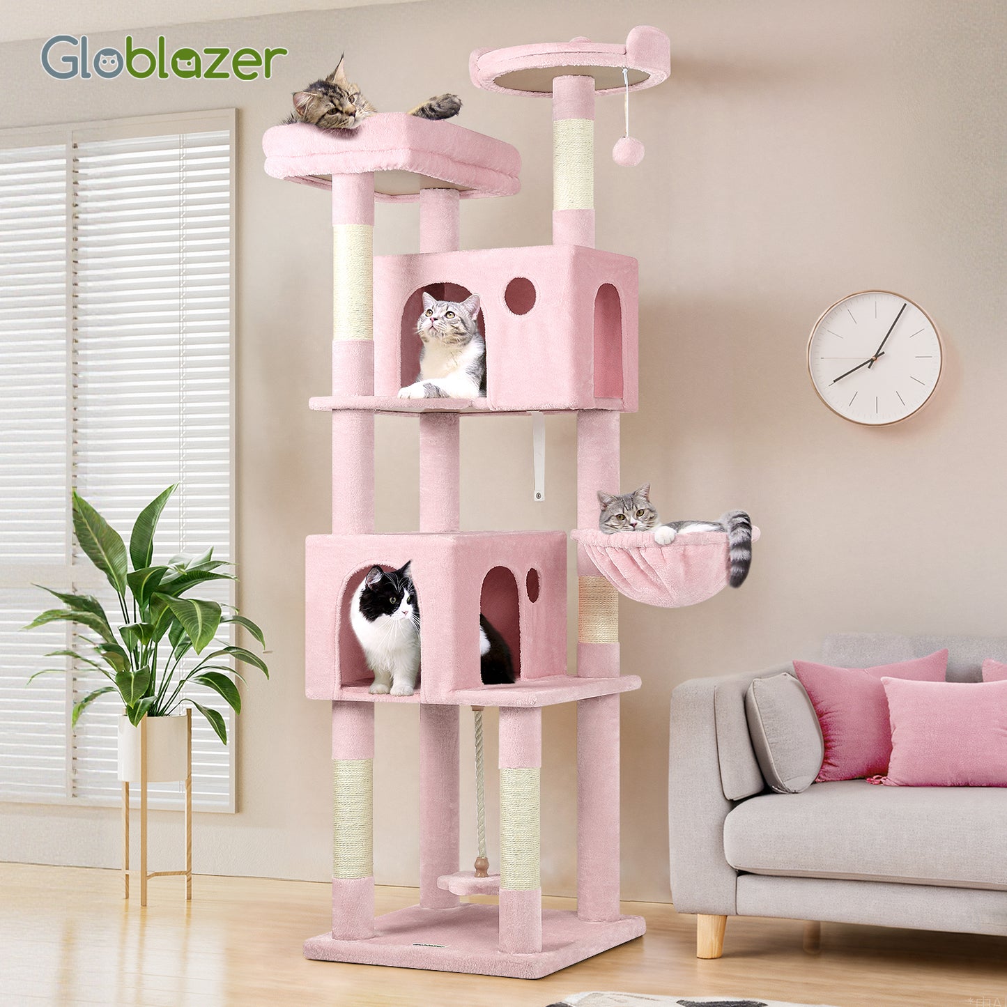 Globlazer Pink Cat Tree, 70 inch Tall Scratching Tower Multi-Level Cat Condo for Indoor Multiple Cats with 2 Large Cat Caves, Top Perch, Large Platform, Bottom Swing, F70B, Pink
