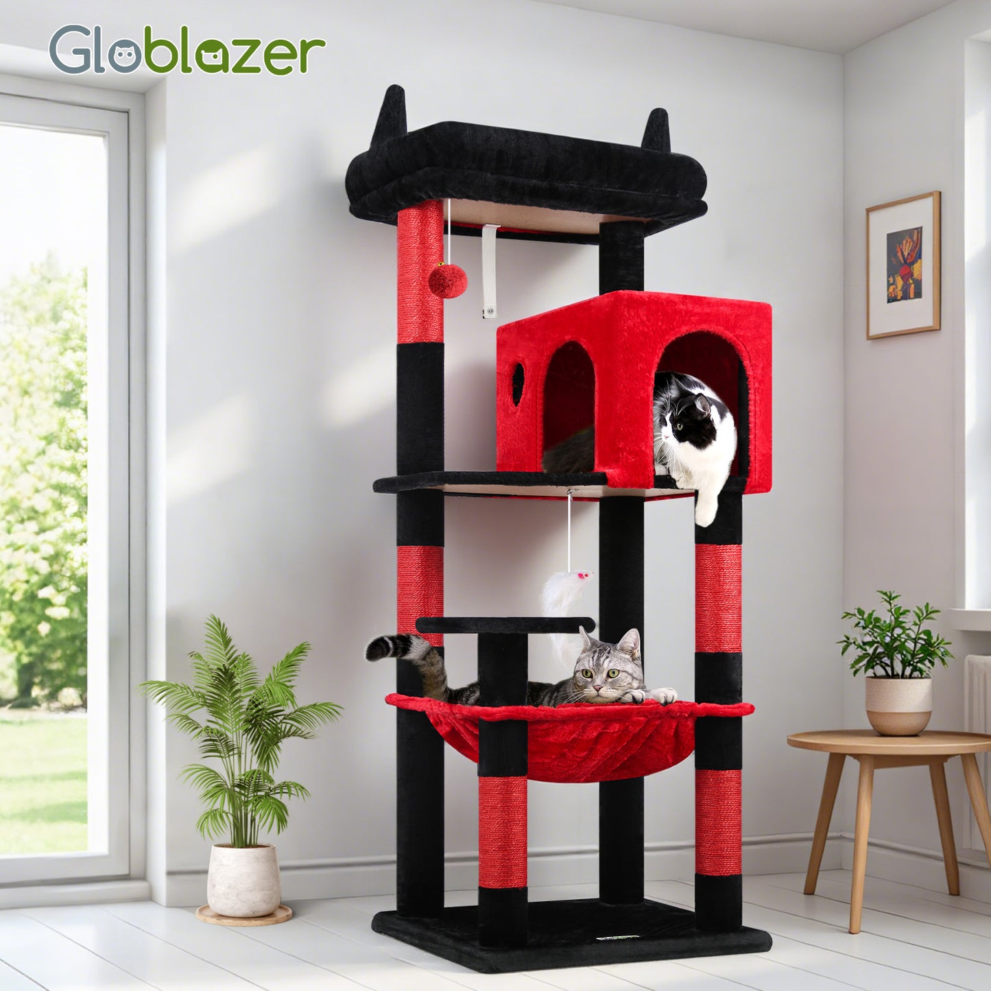 Globlazer Gothic Cat Tree Tower with 5 Scratching Post for Indoor Cats, 53in Plush Multi-Level Cat Climbing Tower Condo House with Large Hammock, Spacious Cat Cave, Padded Top Perch, F53, Black Red