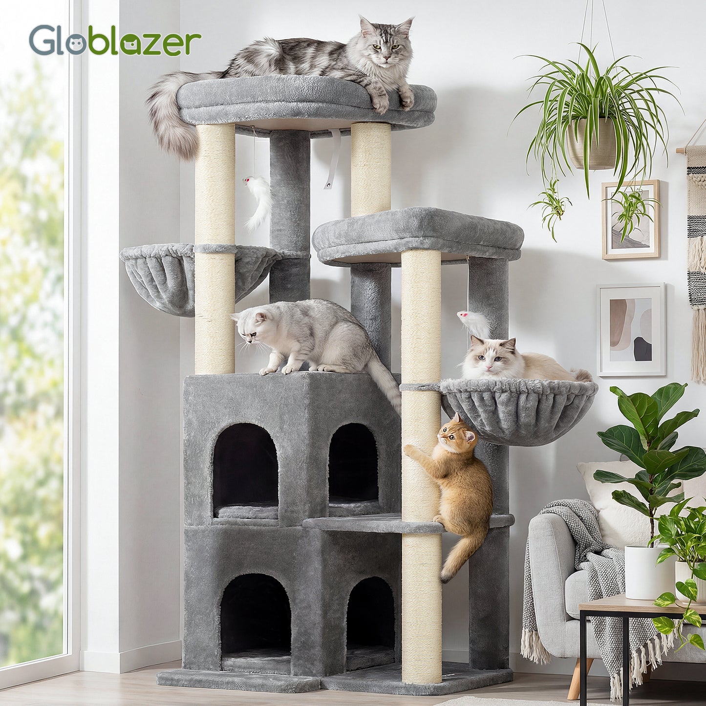 Globlazer Cat Tree Tower for Indoor Cats, 63 inch Sturdy Adult Cat Tree House for Large Adult Cats with 2 Platform, 6 Cat Scratching Post, 2 Cat Caves, Dangling Toys, S63, Light Grey