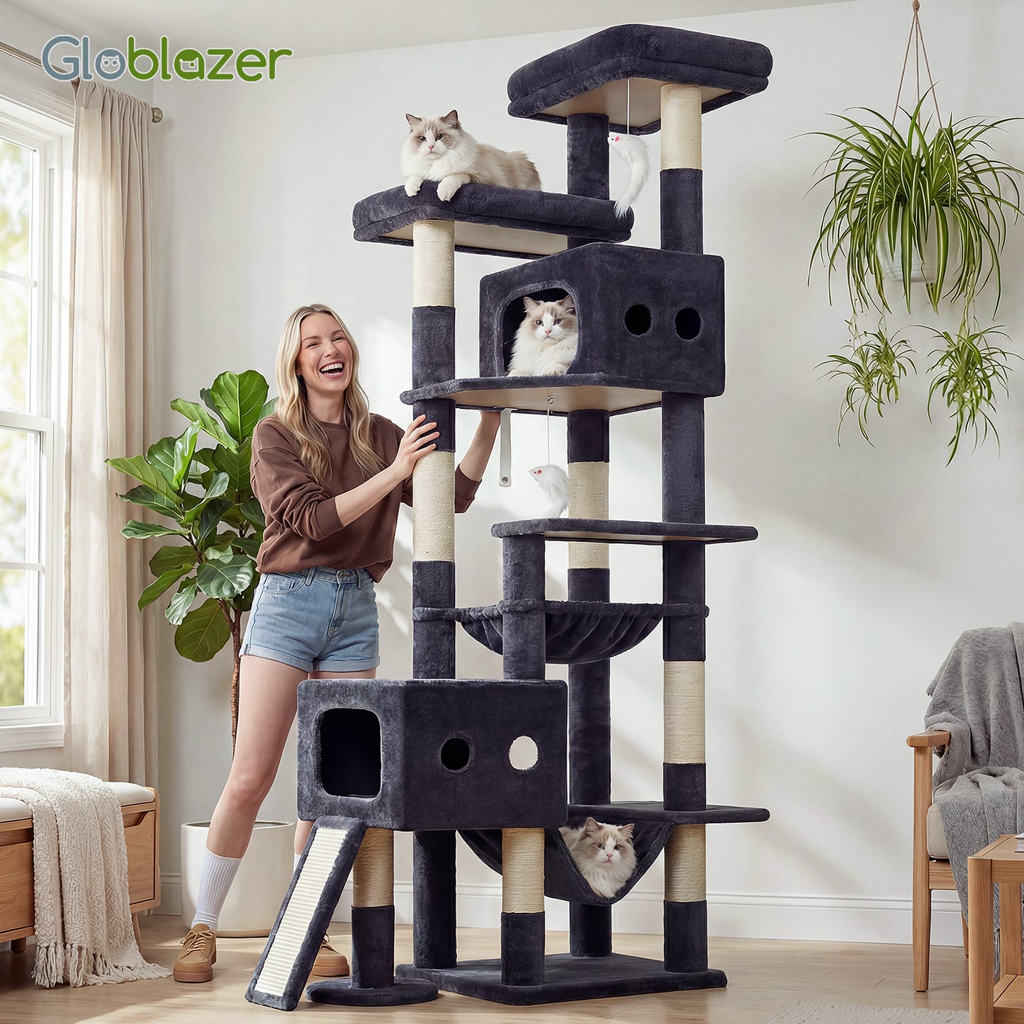 Globlazer Multi-Level Tall Cat Tower 83 inch Sturdy Extra Large Heavy Duty Cat Tree for Indoor Large Adult Cats Kittens with 2 Cat Condo, 8 Scratching Post, 2 Hammock, S83G, Dark Grey