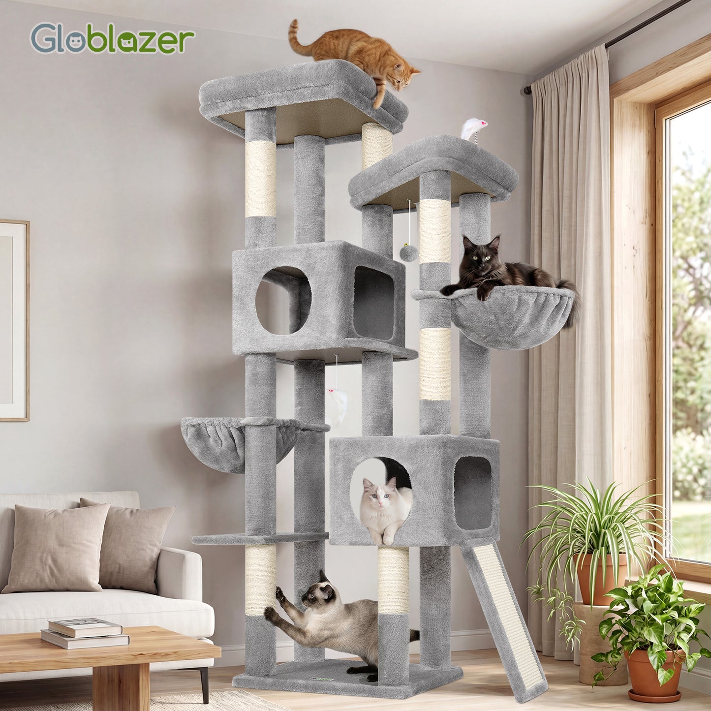 Globlazer 72" Heavy Duty Cat Tree for Large Adult Cats, Multi-Level Cat Tower with 2 Cat Condo, 2 Perchs, 6 Scratching Posts, Sisal Scratching Board, Multiple Cats, Resting Play, S72E, Light Grey
