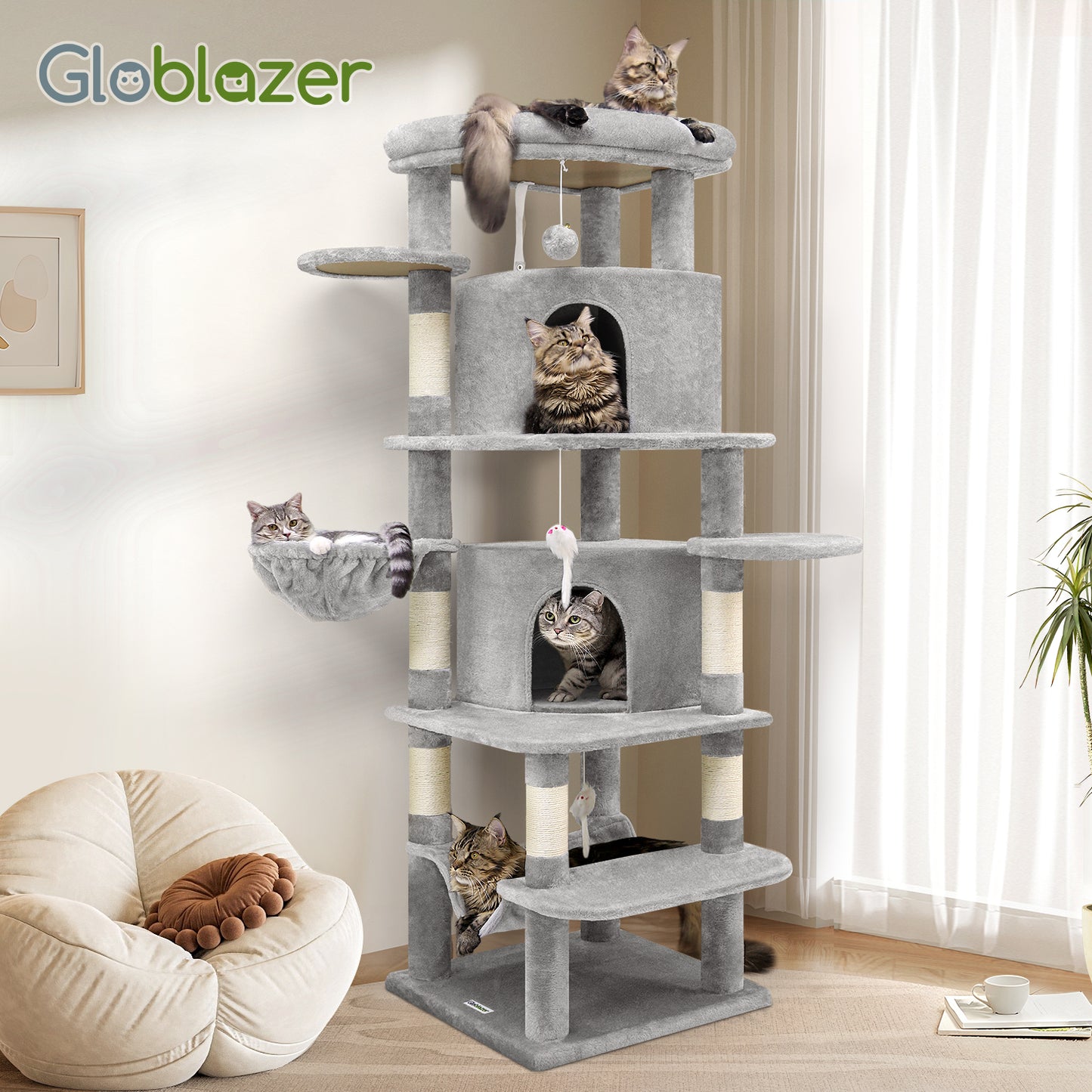 Globlazer Corner Cat Tree for Large Cats, 66inch Tall Curved Series Large Cat Tower for Multiple Indoor Cats with 6 Scratching Posts, 2 Spacious Cat Condos, Hammock, Hanging Basket, C66, Light Grey