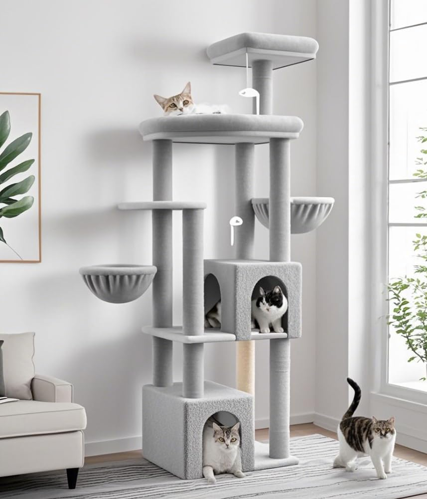 Globlazer Sturdy Cat Tree, 68-inch Large Cat Tower for Indoor Adult Cats 20 lbs Heavy Duty Cat Tree for Big Cats with Extra Large Platform, 5 Scratching Post, S68, Cloud Grey