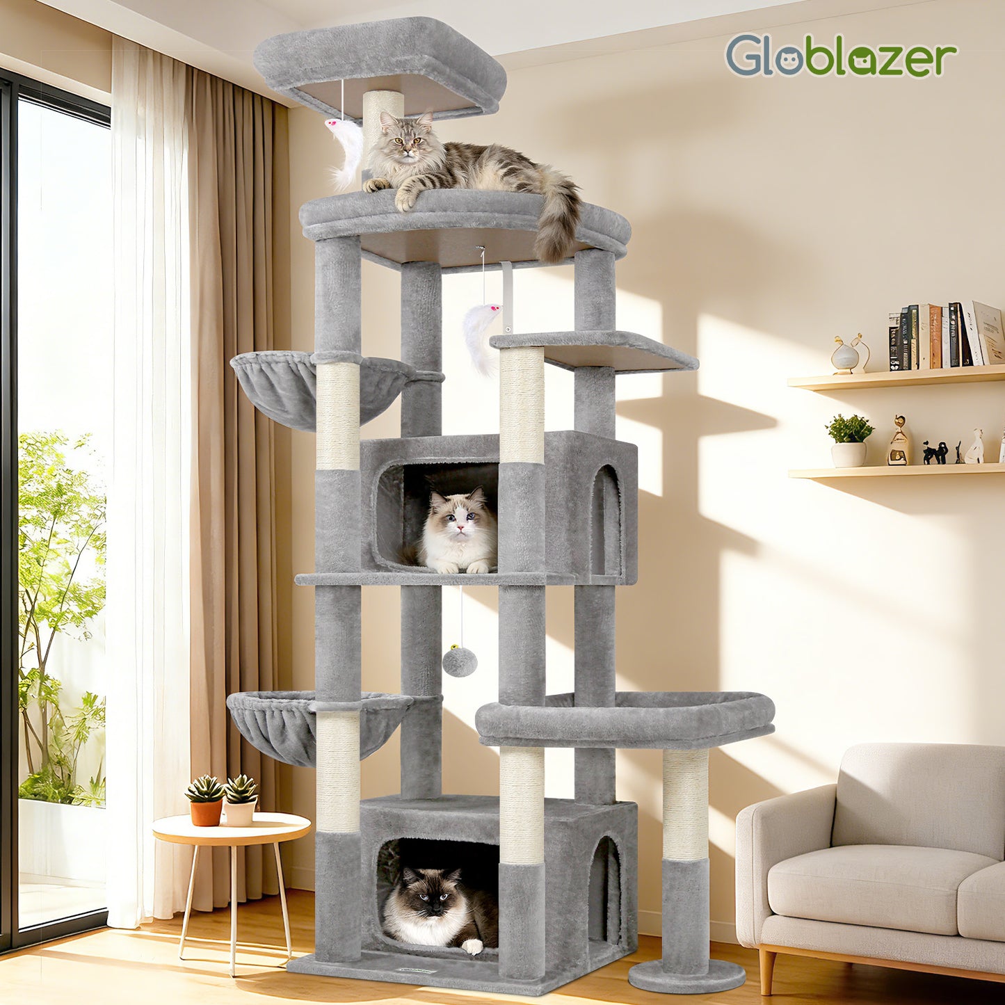 Globlazer 75in Sturdy Cat Tree for Large Cats, Heavy Duty Multi-Level Cat Tower for Indoor Cats with Extended Platform, 2 Spacious Condos, 2 Padded Perches, 6 Sisal Scratching Posts, S75, Light Grey